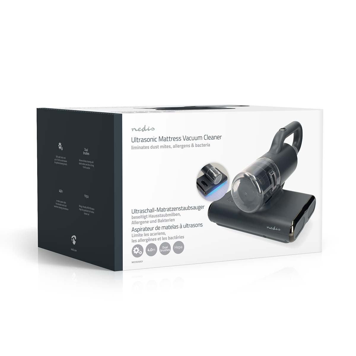 Verpackung eines Nedis Ultraschall-Matratzenreinigers mit Zubehör.