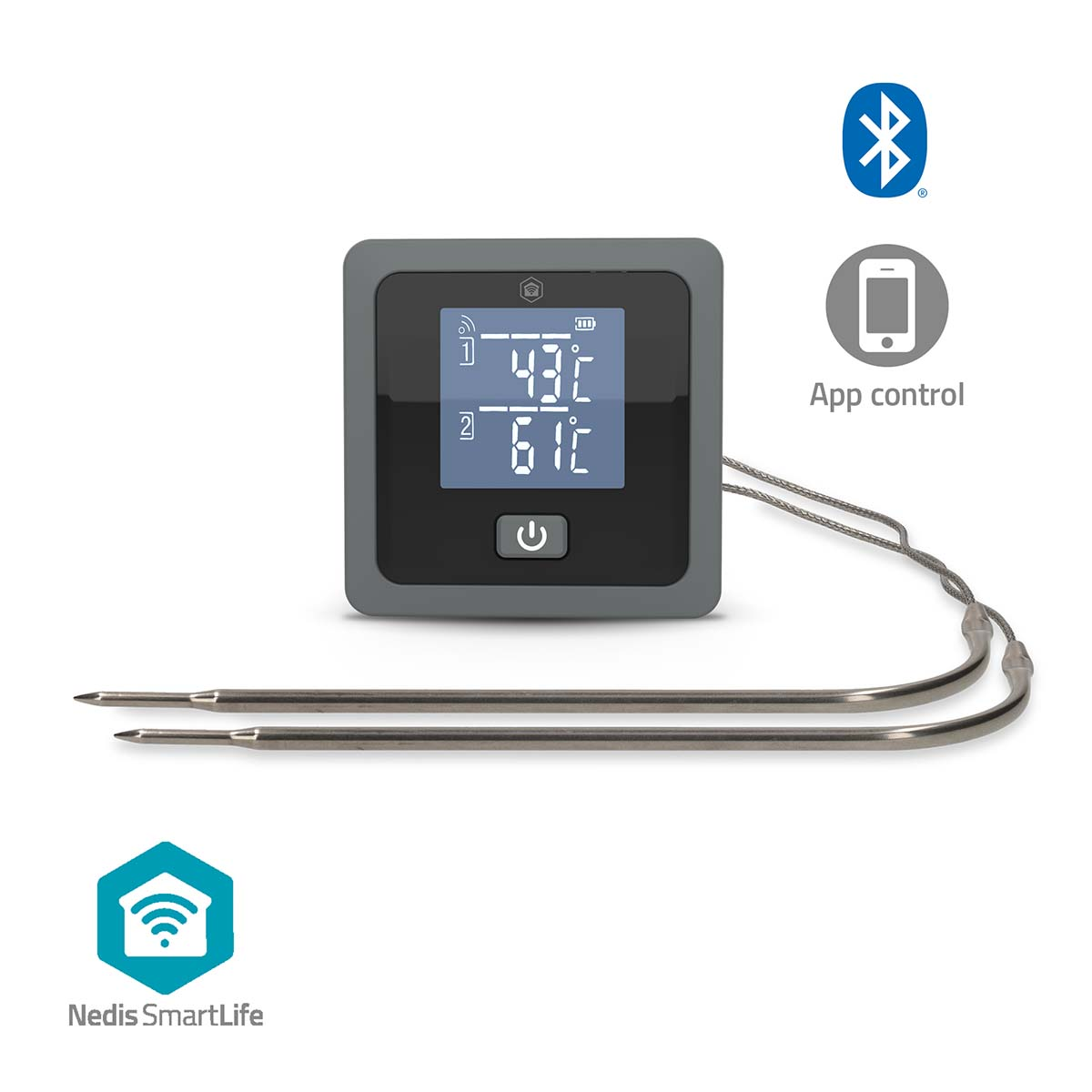 Een grijs digitaal thermometer met twee sondes toont 43C en 61C.