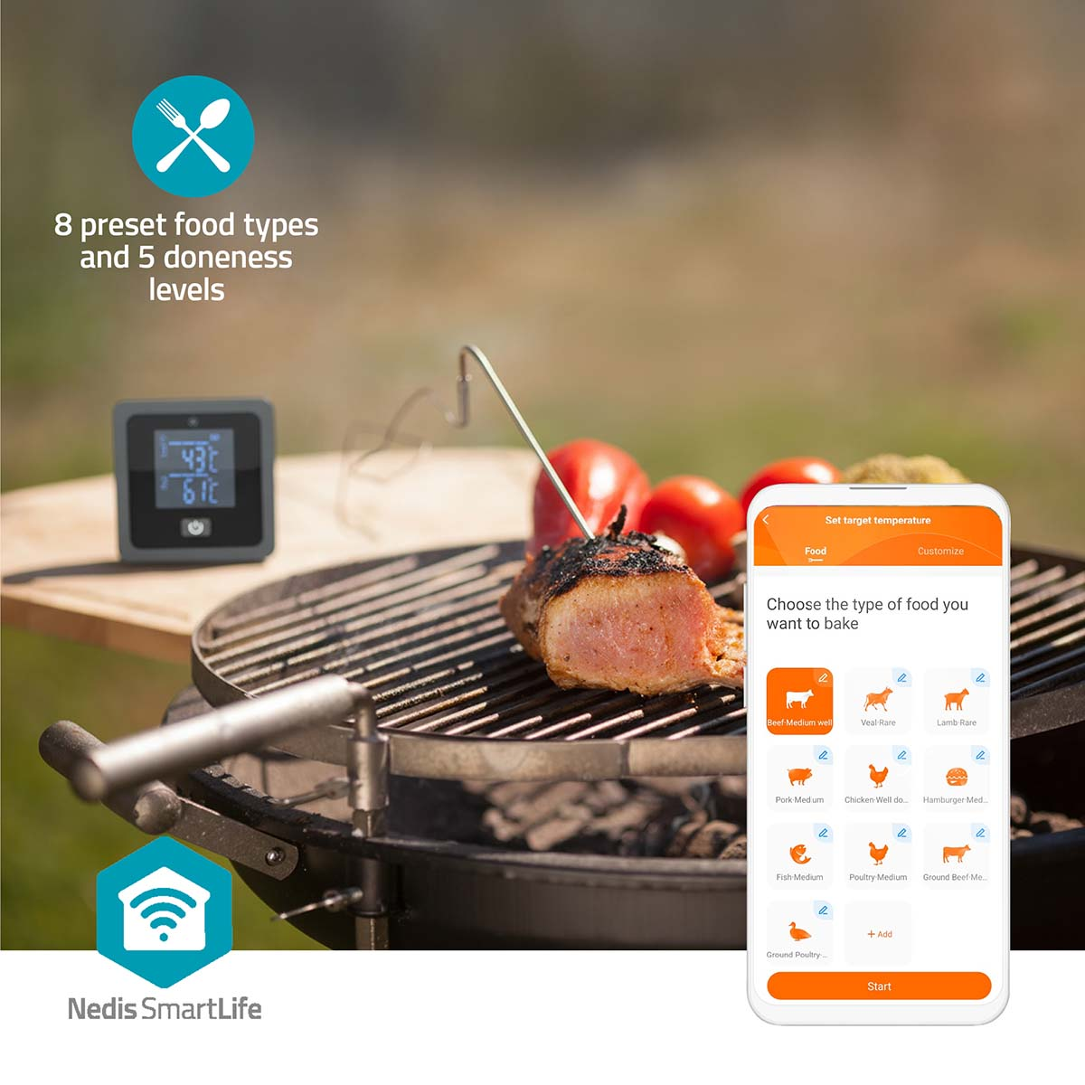 Vlees op grill met thermometer, smartphone app toont menu voor voedselkeuze.