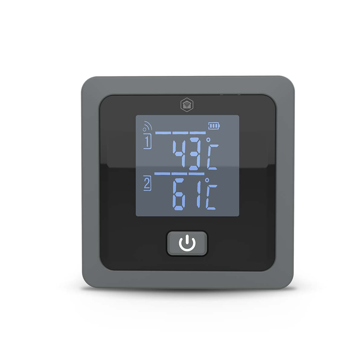Een grijs digitaal thermometer toont twee metingen: 43°C en 61°C.