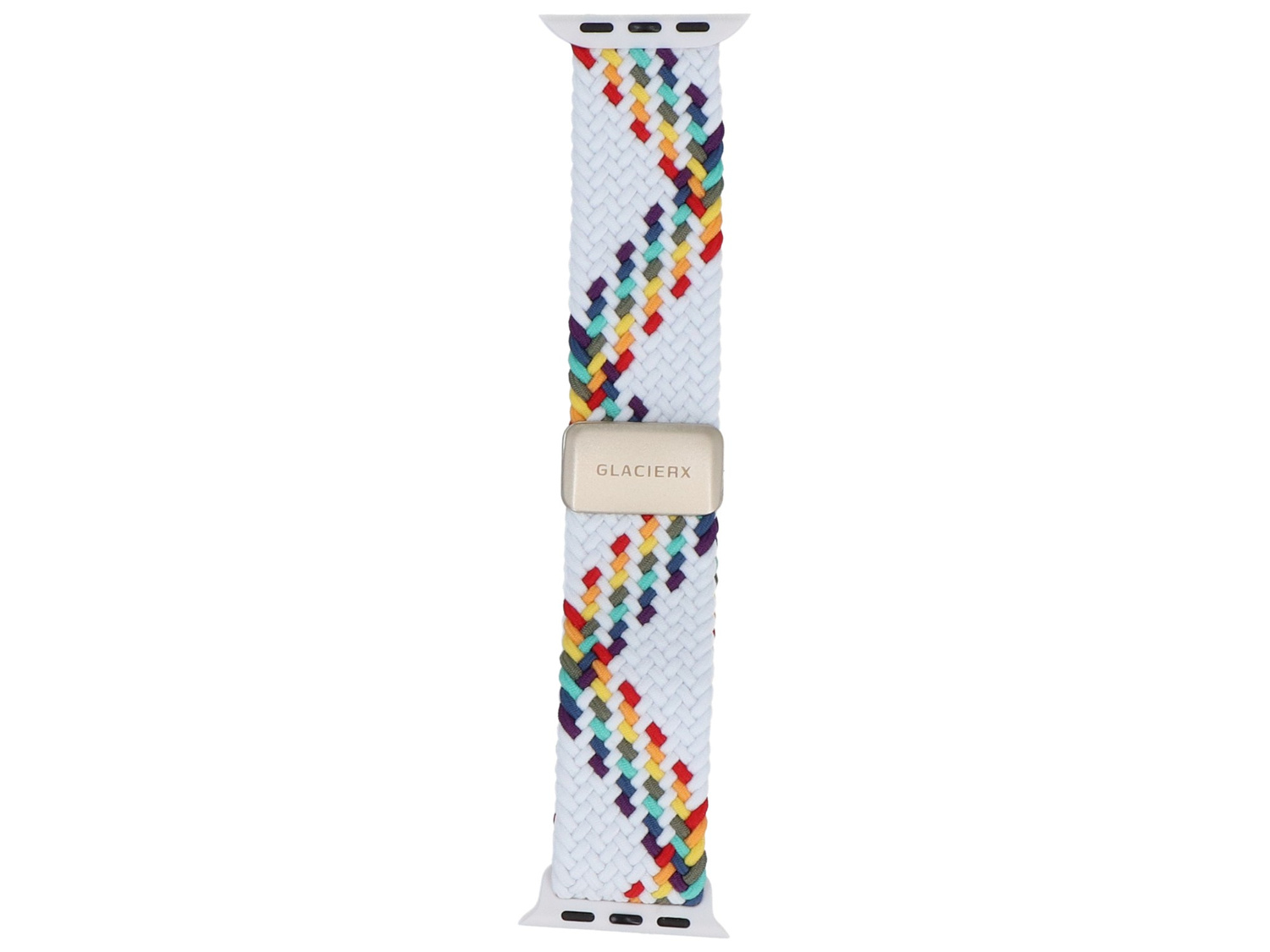 Biała bransoleta Apple Watch z kolorowym, plecionym wzorem.