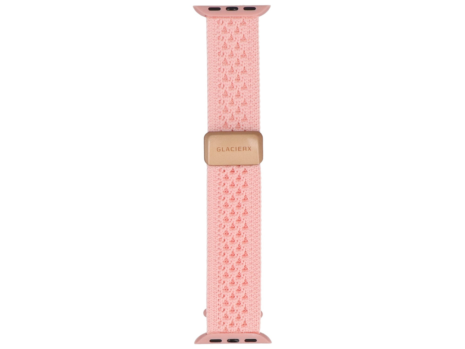 Różowa, materiałowa opaska do Apple Watch ze złotym zapięciem.