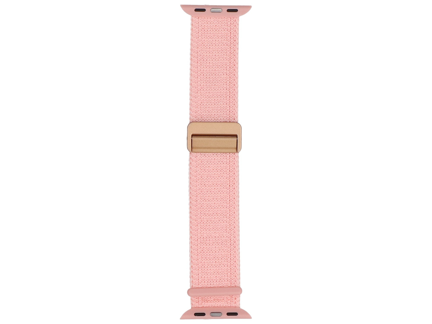 Różowa, materiałowa opaska do Apple Watch ze złotą klamrą.