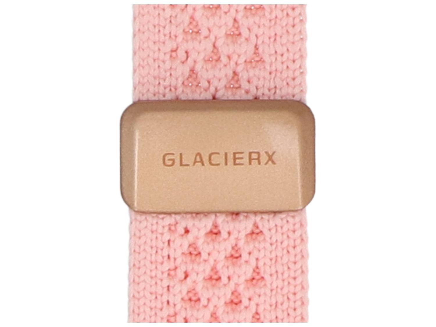 Różowy, dzianinowy pasek ze złotym logo GLACIERX.