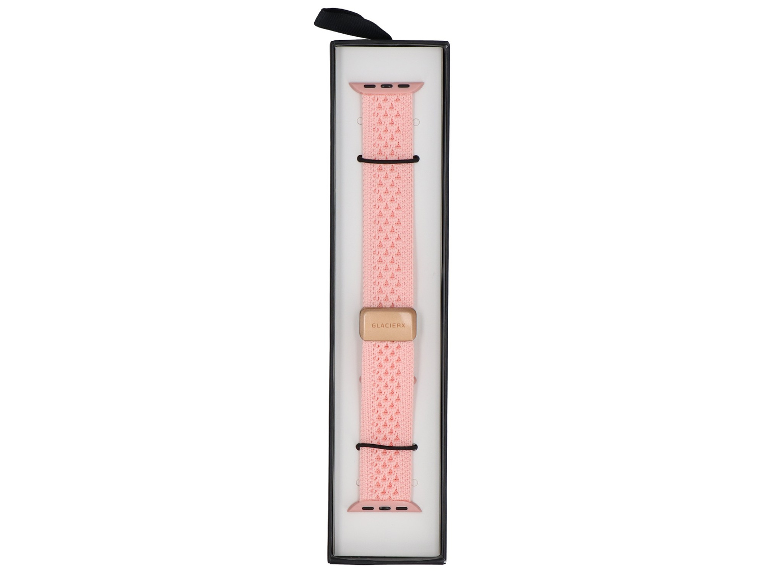 Różowa opaska do Apple Watch z ażurowym wzorem, w czarnym opakowaniu.