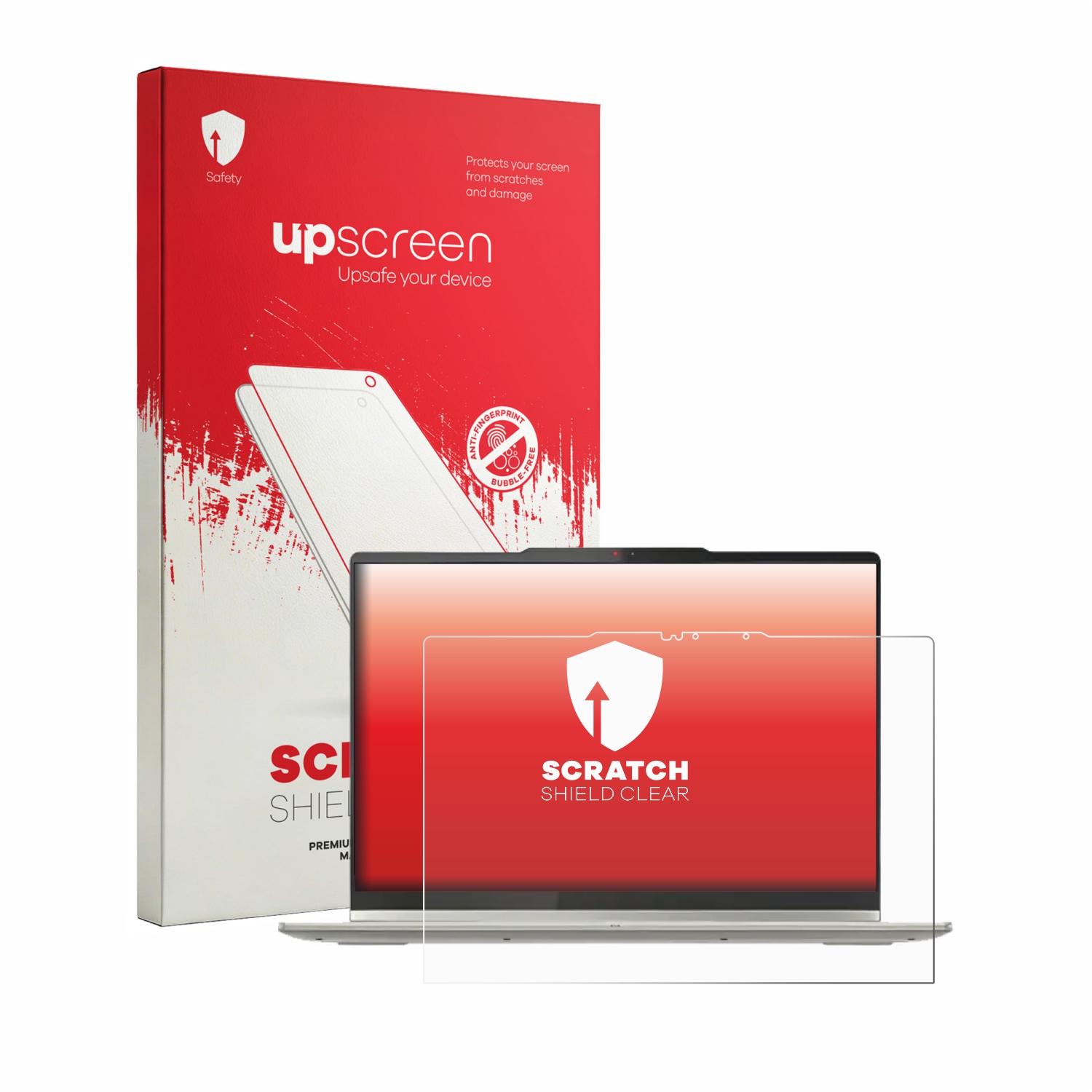Ein Laptop-Displayschutz und Verpackung, mit Produktdetails und Markennamen.