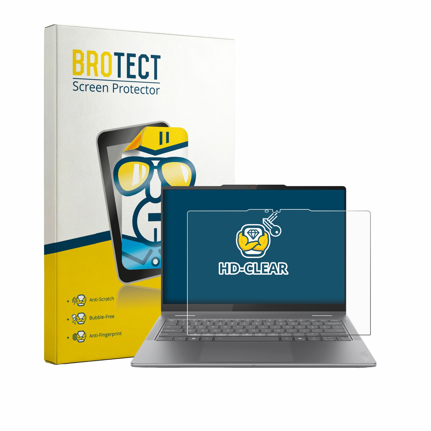 Ein BROTECT Displayschutz für Laptops mit Verpackung und Laptop.