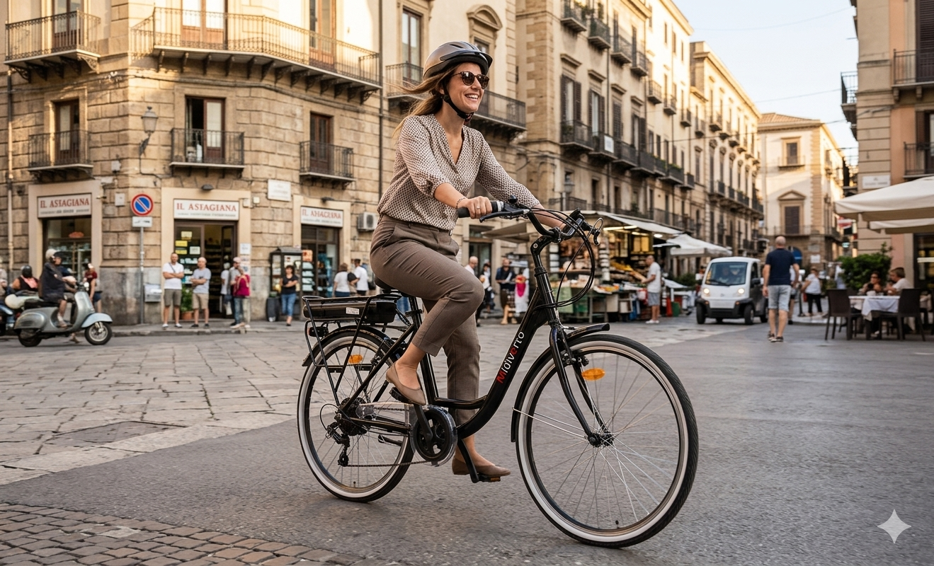 Una mujer anda en bicicleta por una calle de la ciudad con edificios y gente.
