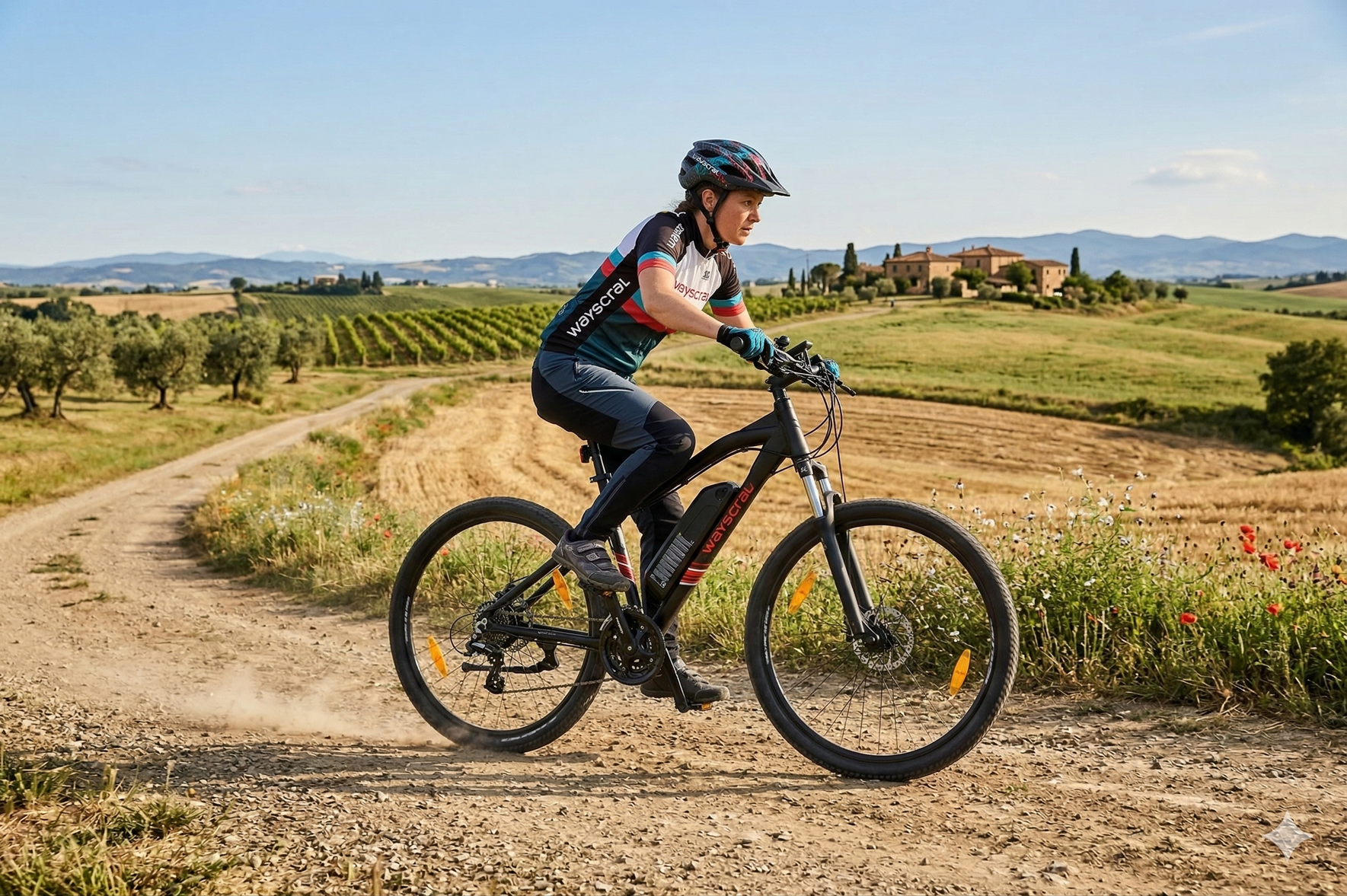 Una persona monta una bicicleta eléctrica por un camino de tierra en un paisaje toscano con viñedos.