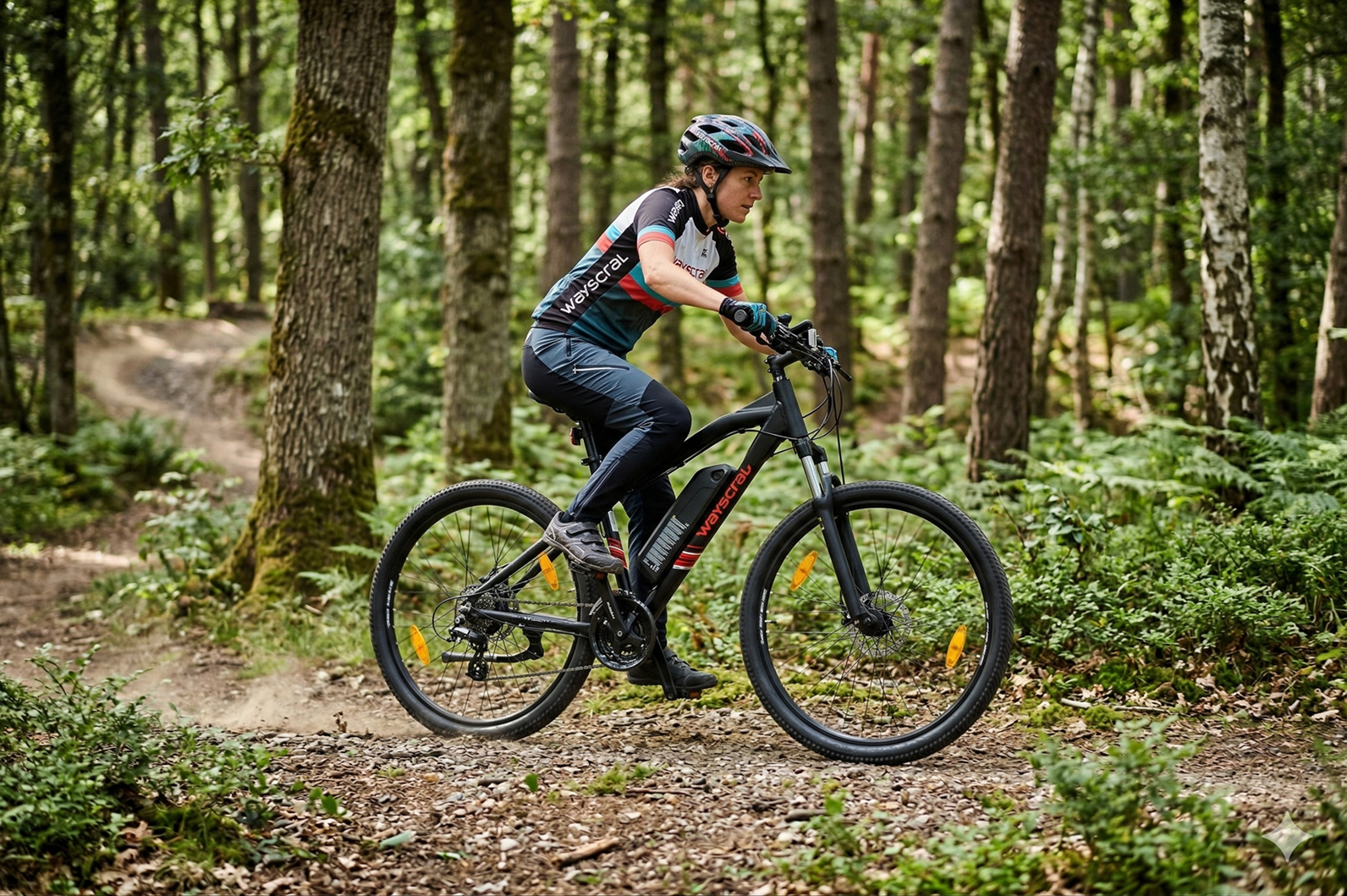 Una mujer monta en bicicleta eléctrica por un sendero forestal con árboles y helechos.