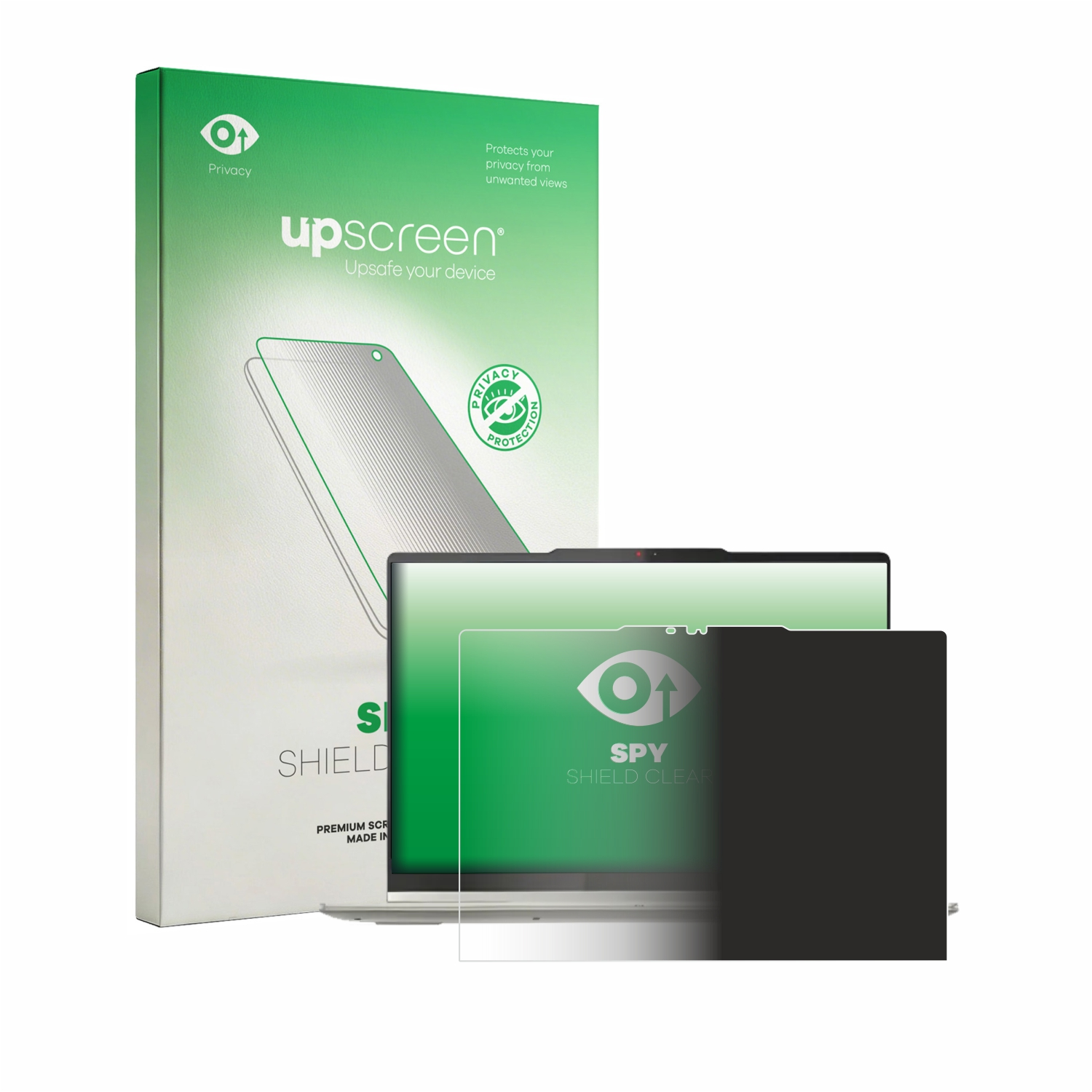 Laptop mit Sichtschutzfolie und Verpackung. Grüne Box mit Aufdruck.