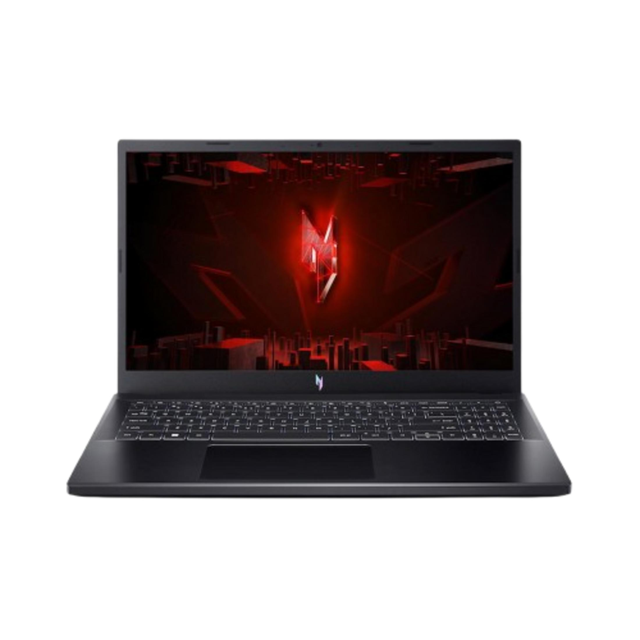 Portátil negro con fondo futurista rojo y logo.