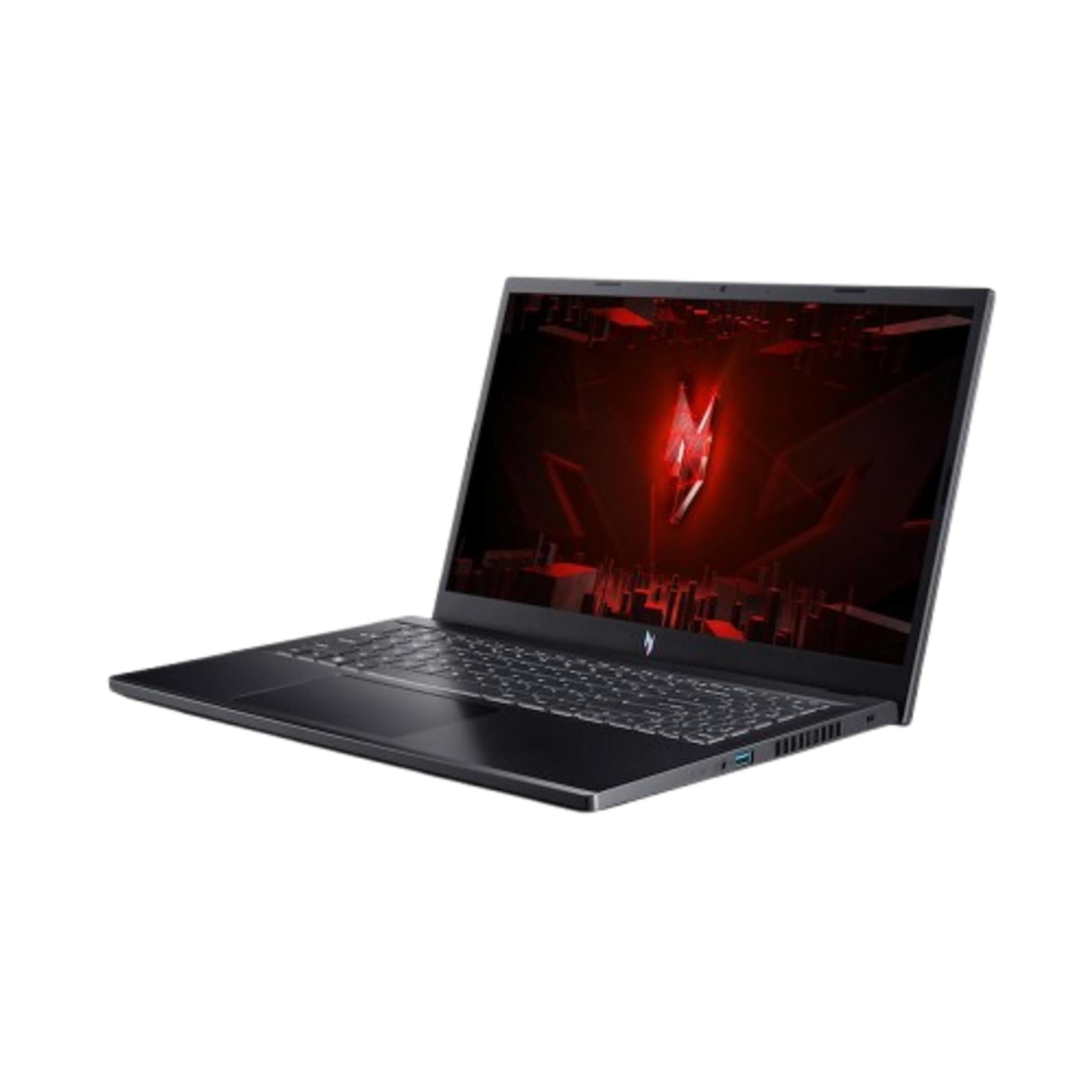 Un portátil negro abierto con un logo rojo de juego en la pantalla.