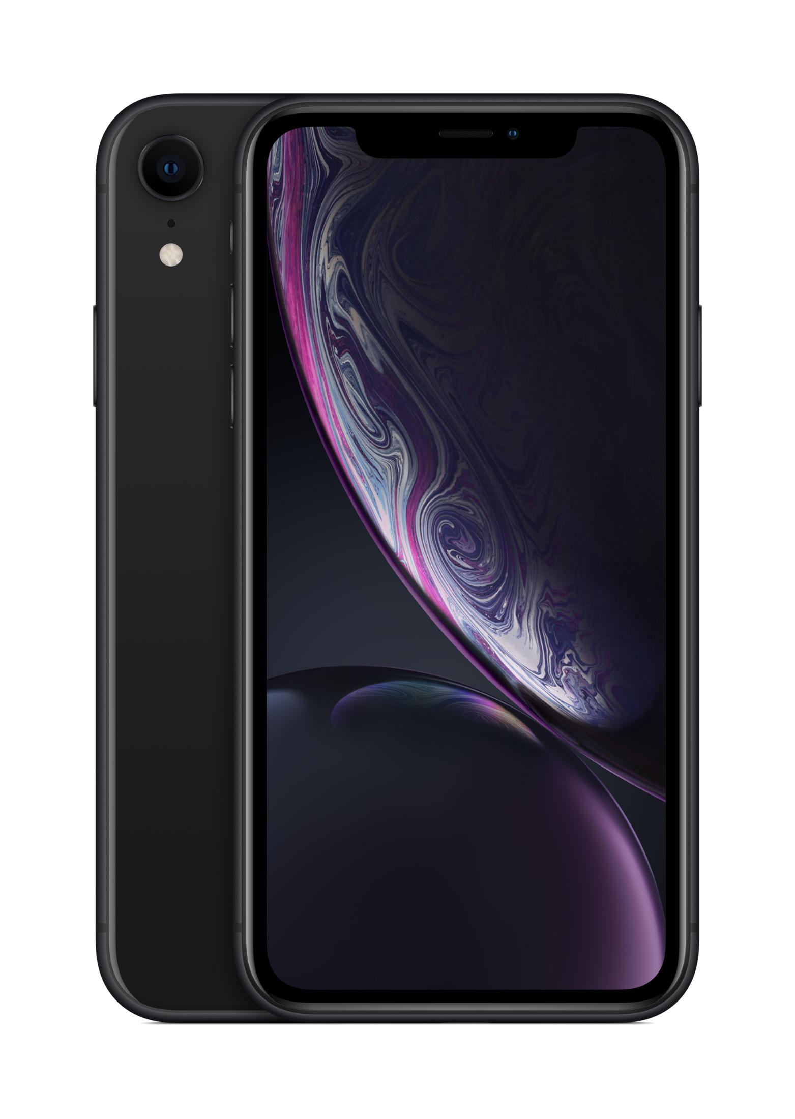 Un iPhone XR nero con uno sfondo astratto sul suo schermo.