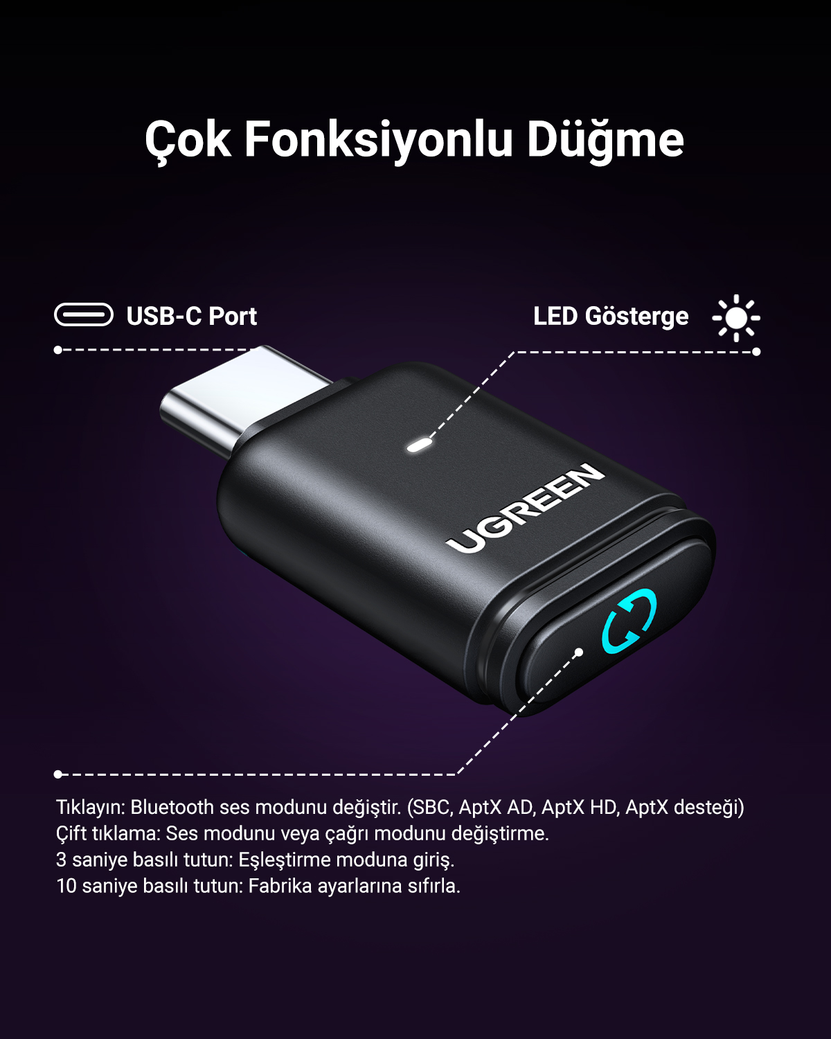 USB-C portlu, LED göstergeli, UGREEN logolu siyah adaptör.