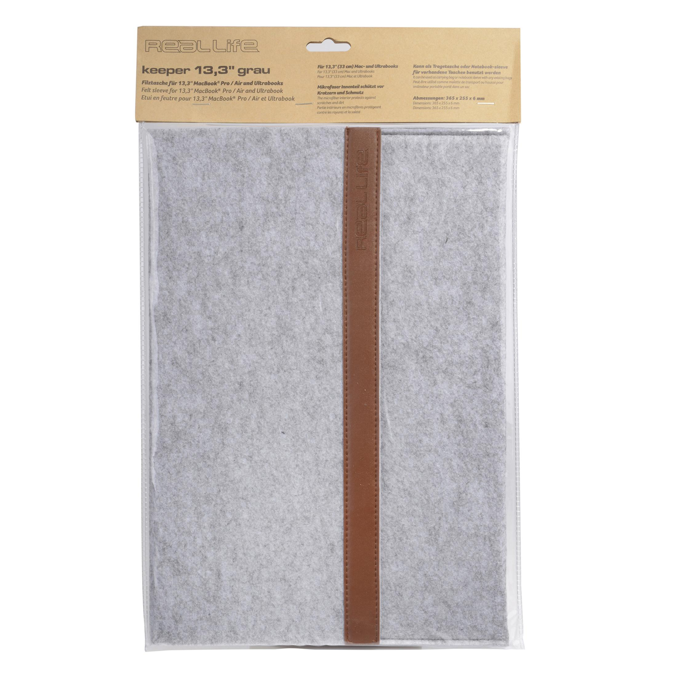 Custodia grigia in feltro per MacBook e Ultrabook da 13,3 pollici con cinturino in pelle marrone.
