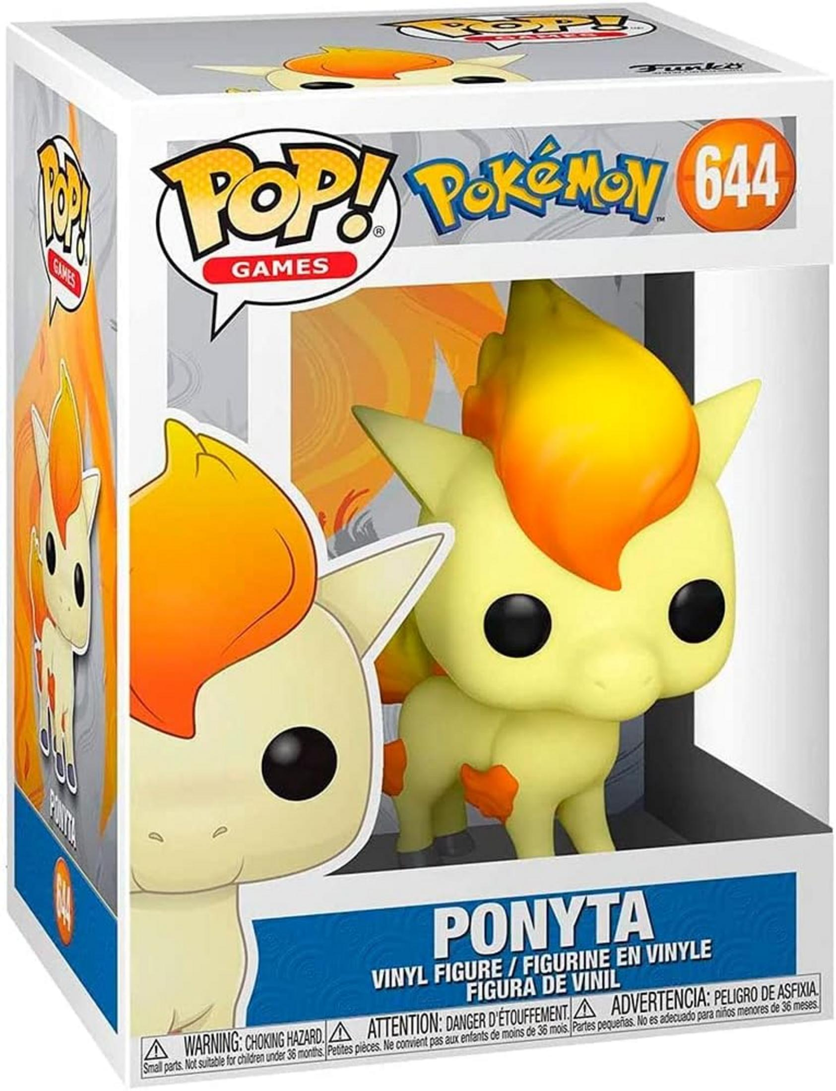 Una figuretta in vinile Pop! gialla di Ponyta con criniera arancione, nella sua scatola.