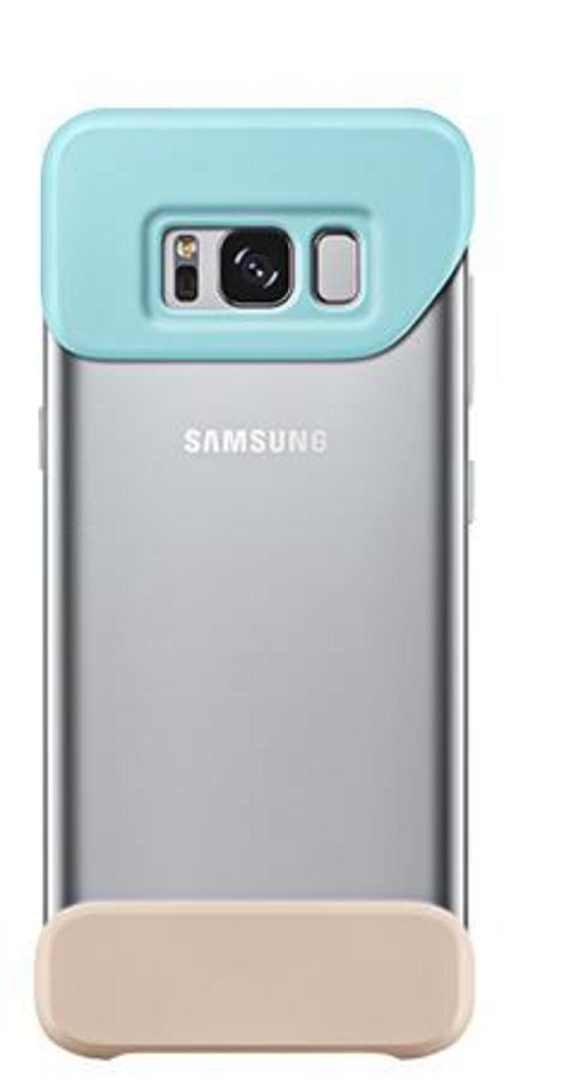 Telefono Samsung con custodia turchese e beige, retro bianco.