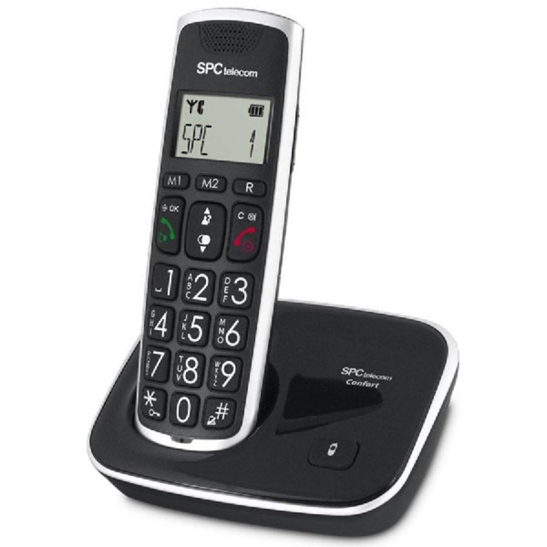 Un telefono cordless nero con tasti grandi è su una base di ricarica.