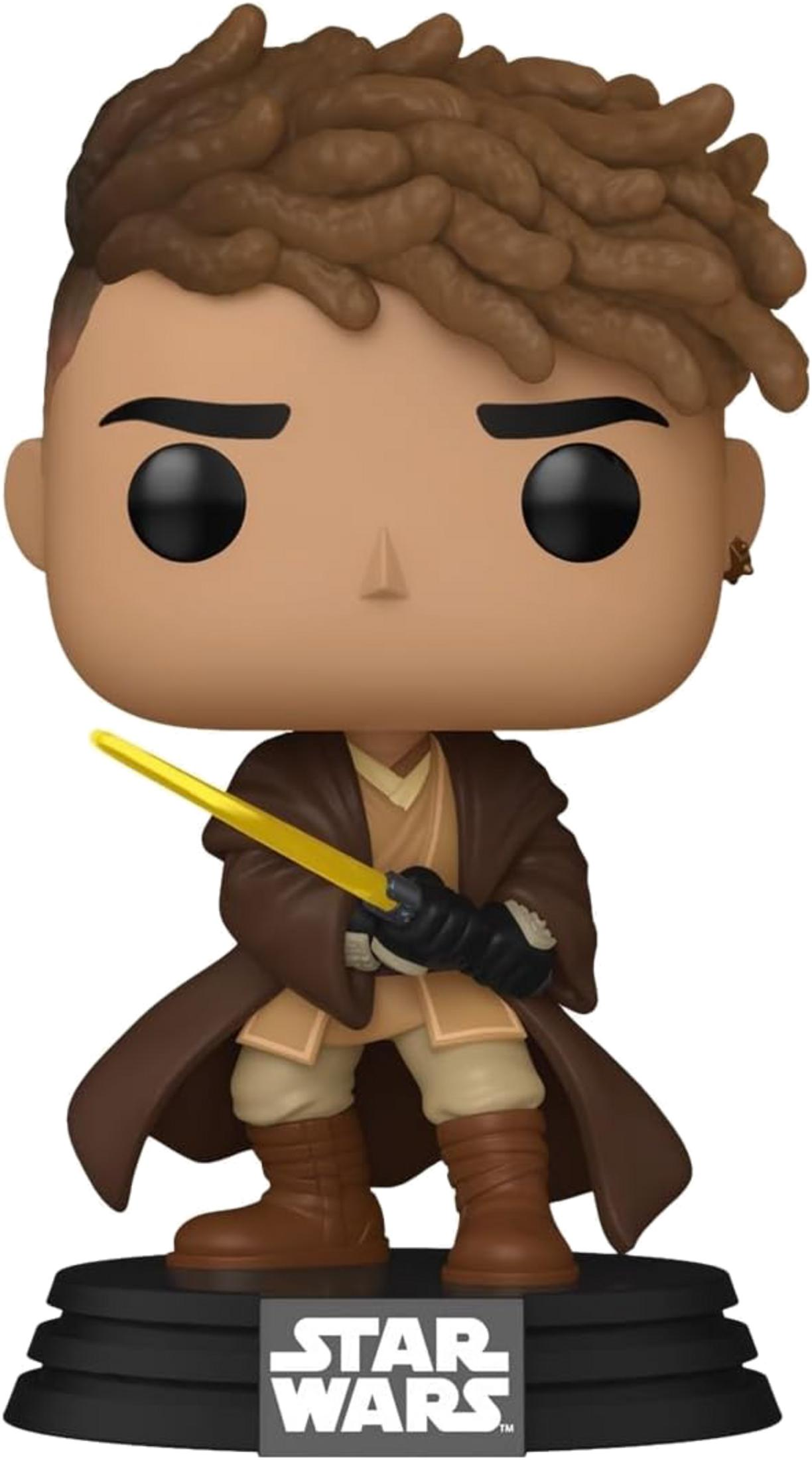 Figura stile Star Wars con veste marrone, kaki, stivali marroni e spada laser gialla.