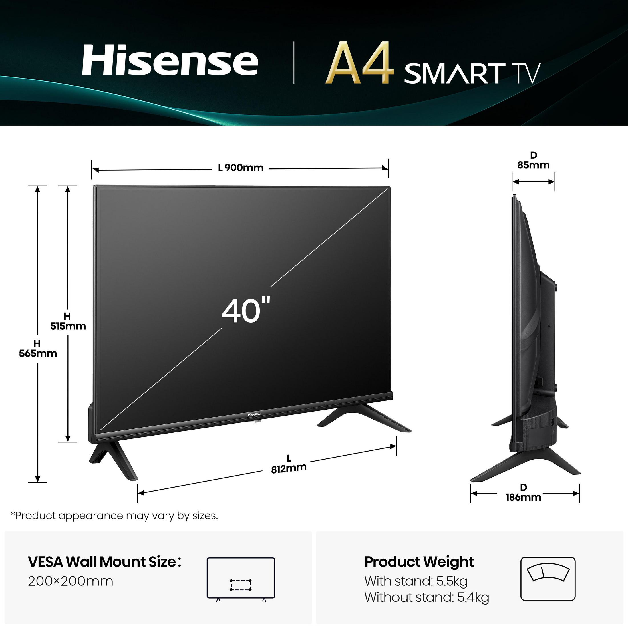 Smart TV Hisense da 40 pollici con dimensioni e dimensione VESA.