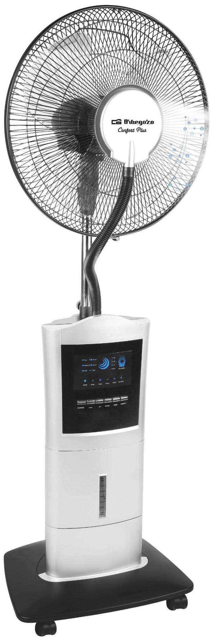 Un ventilatore da terra bianco con funzione nebulizzatore e display digitale.