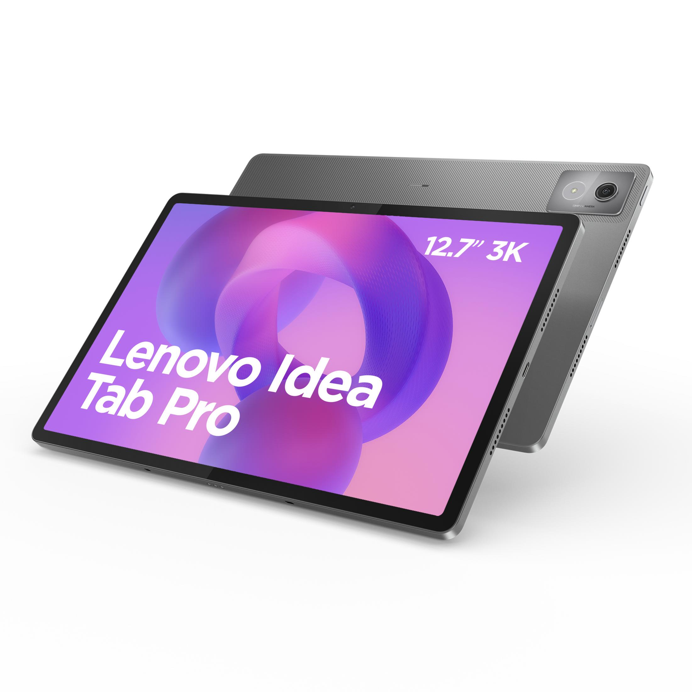 Un Lenovo Idea Tab Pro grigio con display 3K da 12,7 pollici e sfondo astratto.