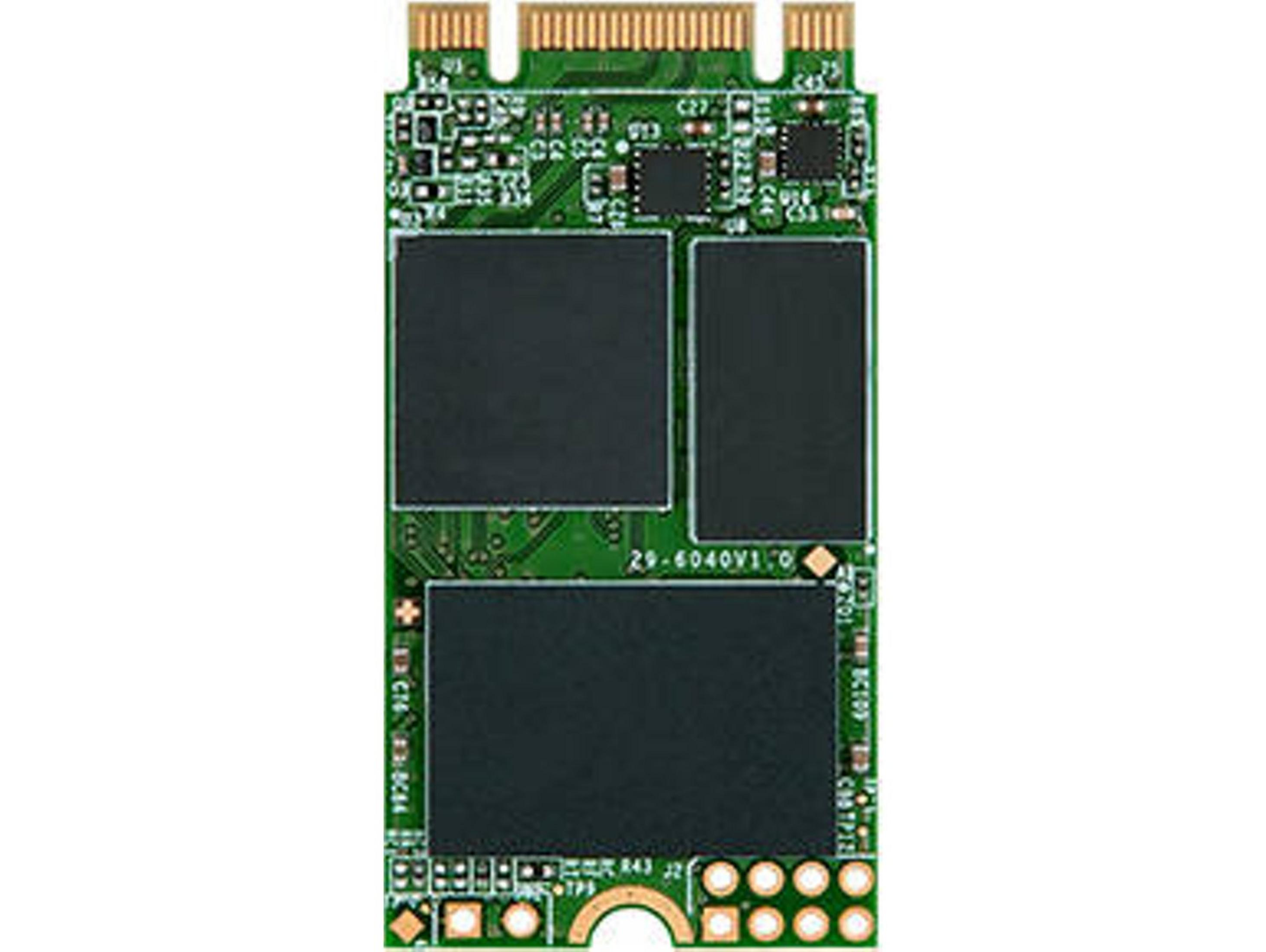 Una scheda di circuito verde con chip di memoria neri e connettori dorati.