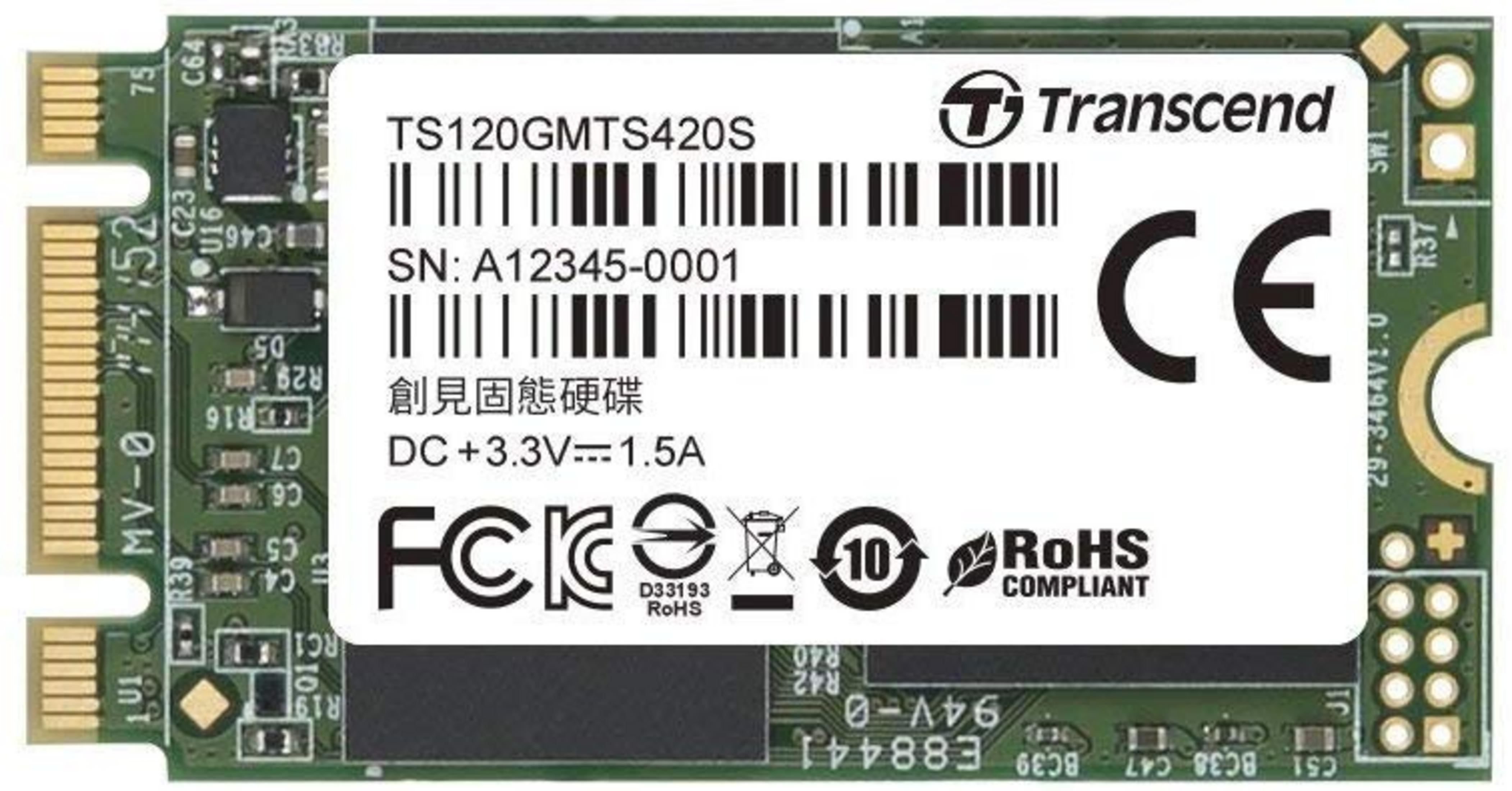 SSD Transcend TS120GMTS420S con loghi FCC, CE, RoHS.