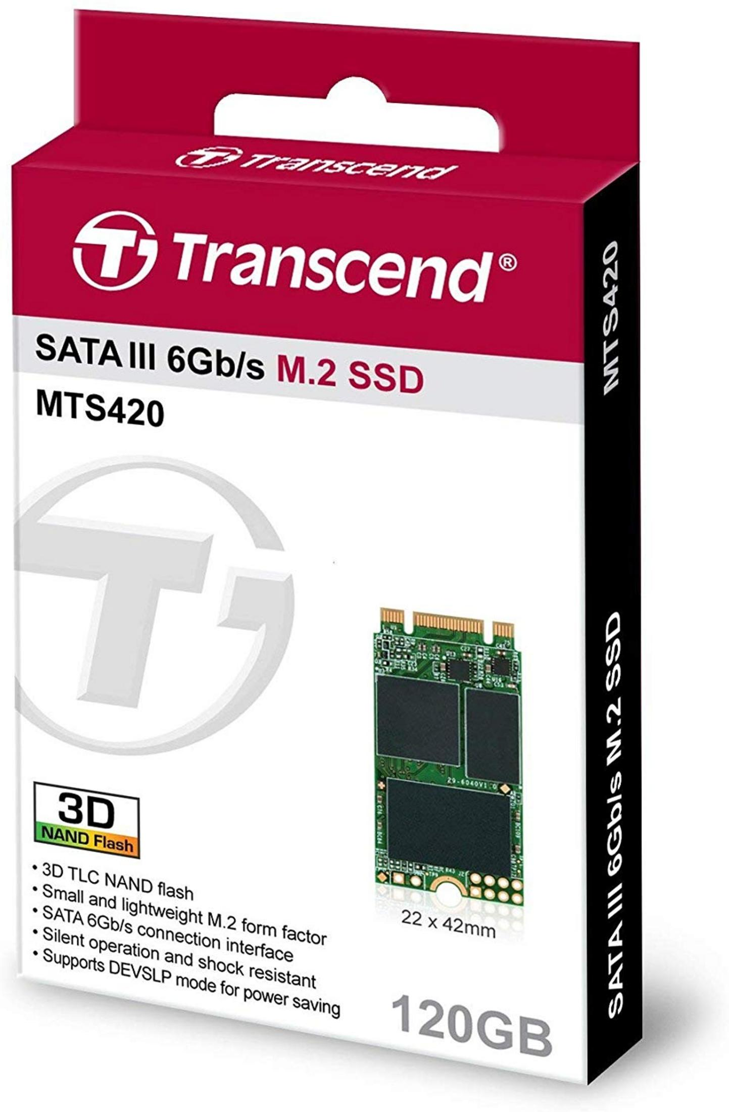 Scatola di un SSD M.2 Transcend MTS420 da 120GB con dettagli.