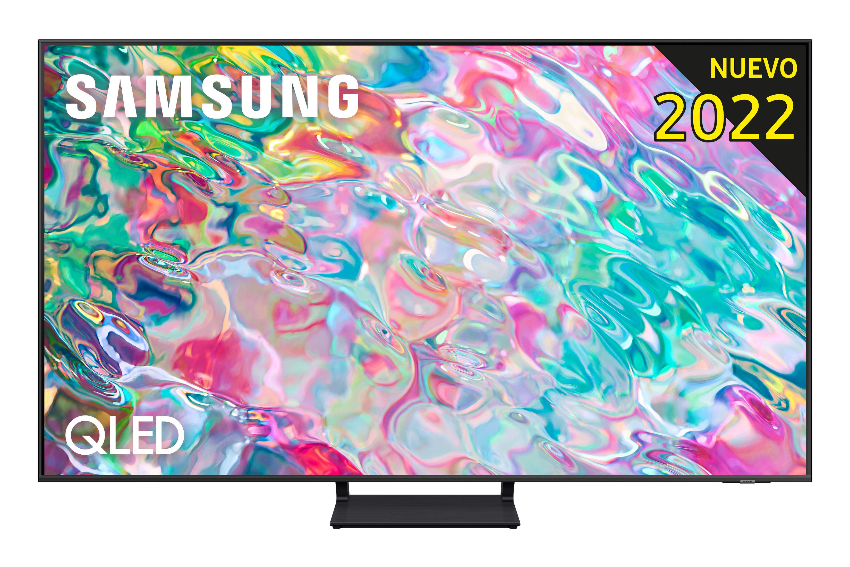 Ein Samsung QLED Fernseher mit abstrakter, bunter Bildschirmanzeige und "Nuevo 2022"-Aufkleber.