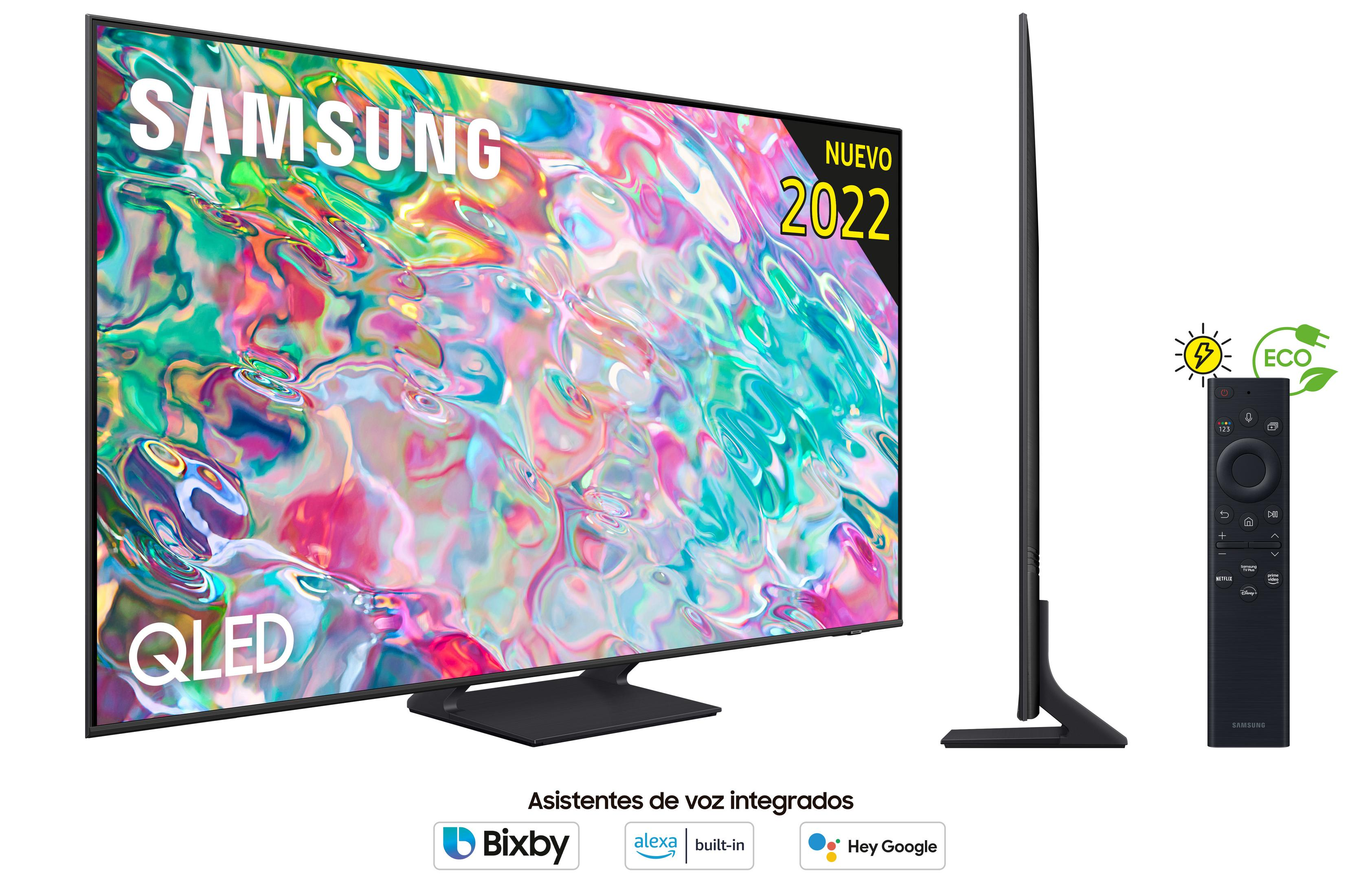 Ein Samsung QLED TV von 2022 mit Fernbedienung und ECO-Symbol.