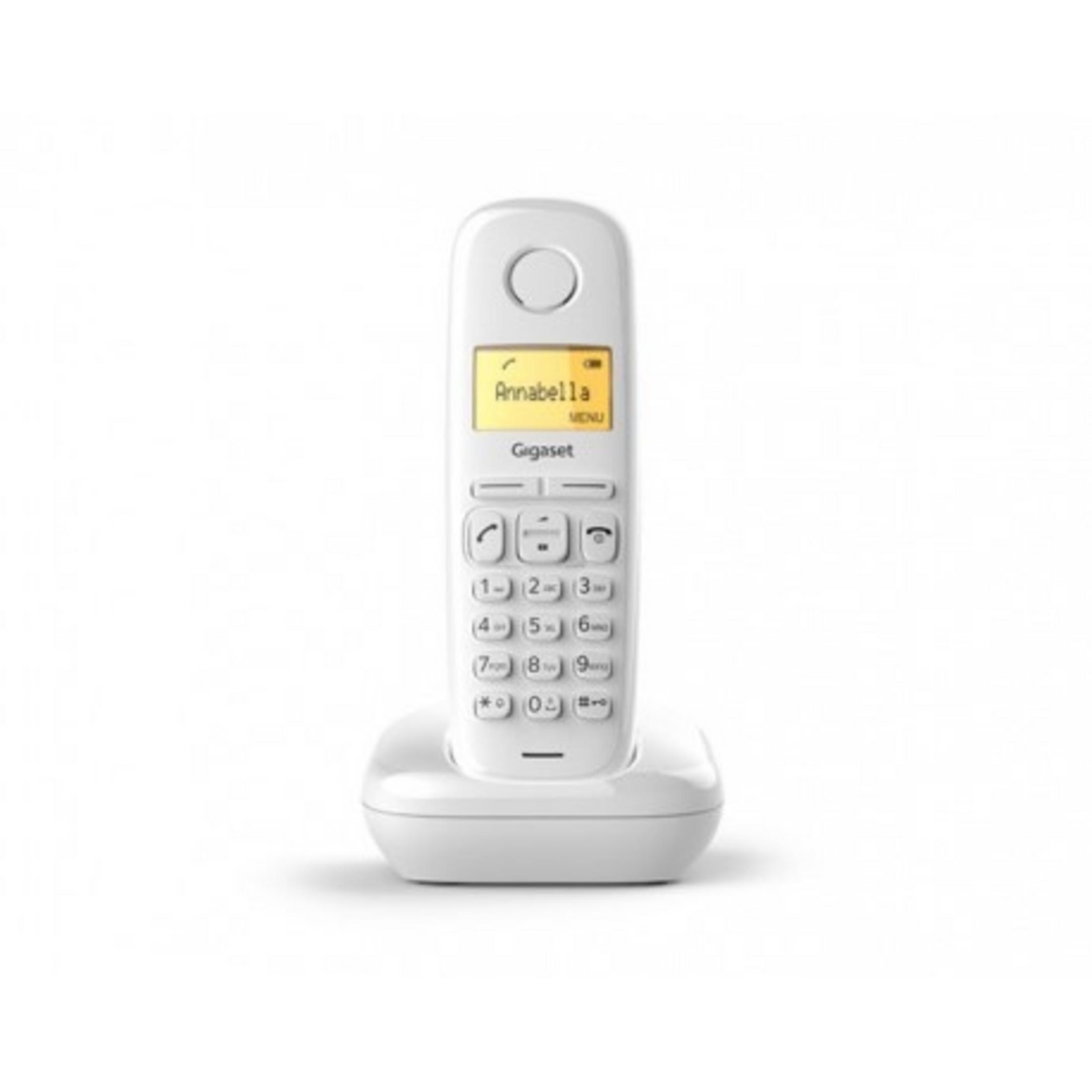 Un telefono cordless bianco Gigaset con display e tastiera è sulla sua base di ricarica.