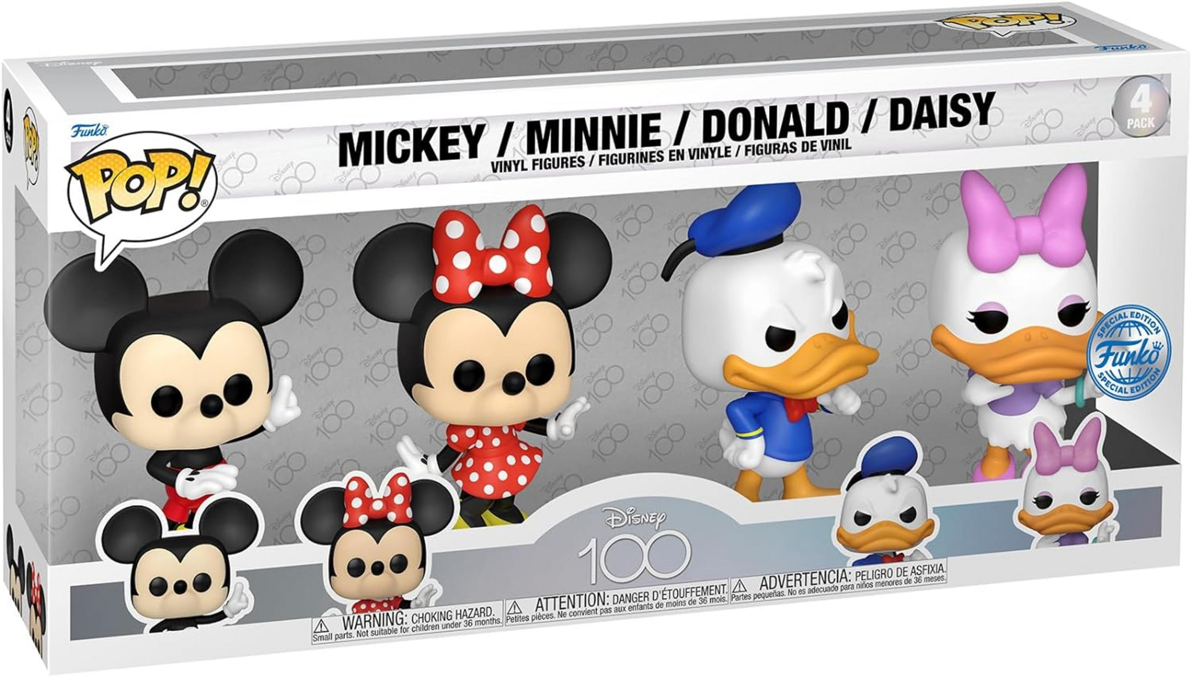 Funko Pop!-Set mit 4 Disney-Figuren: Mickey, Minnie, Donald und Daisy.