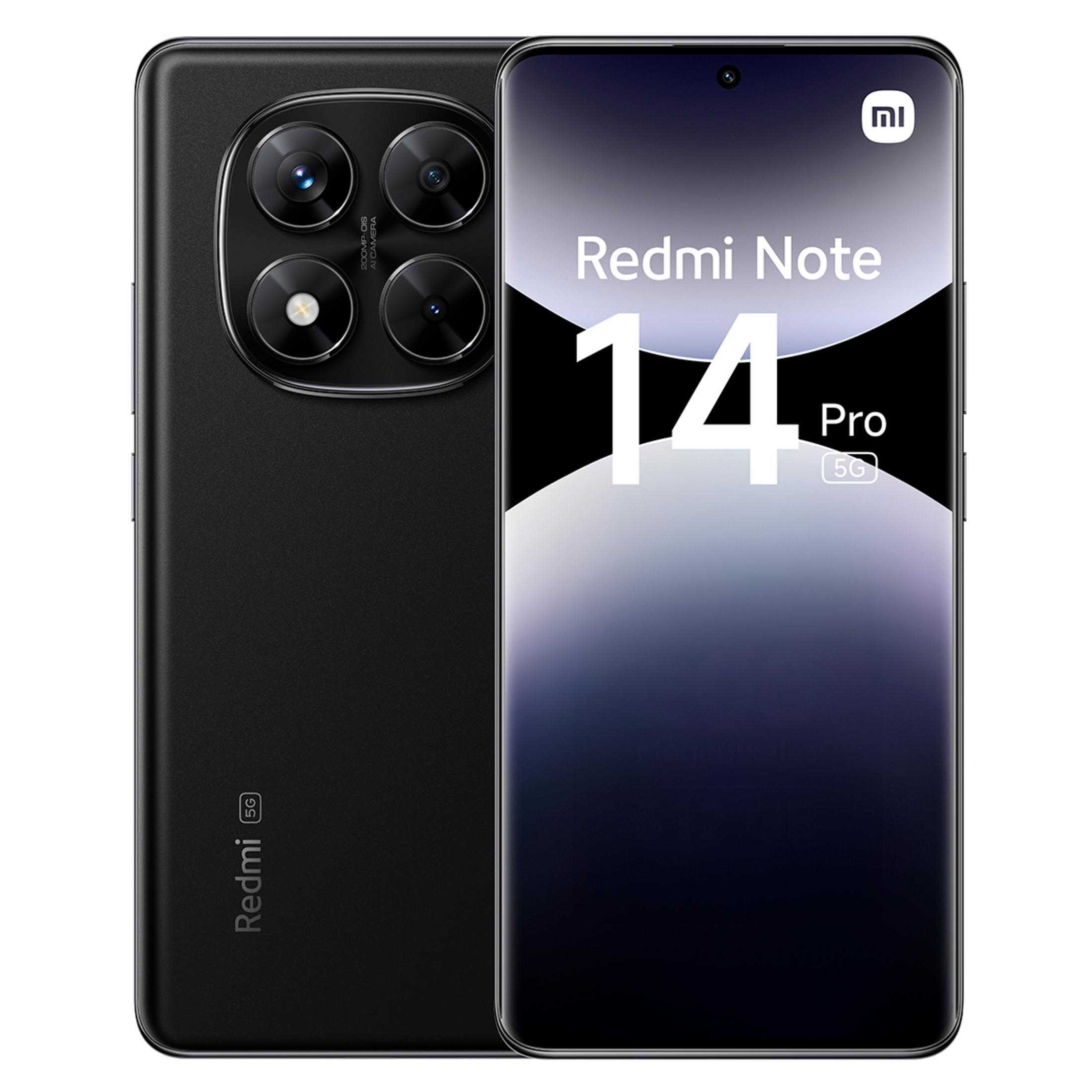 Teléfono inteligente negro con múltiples cámaras, que muestra Redmi 14 Pro 5G.