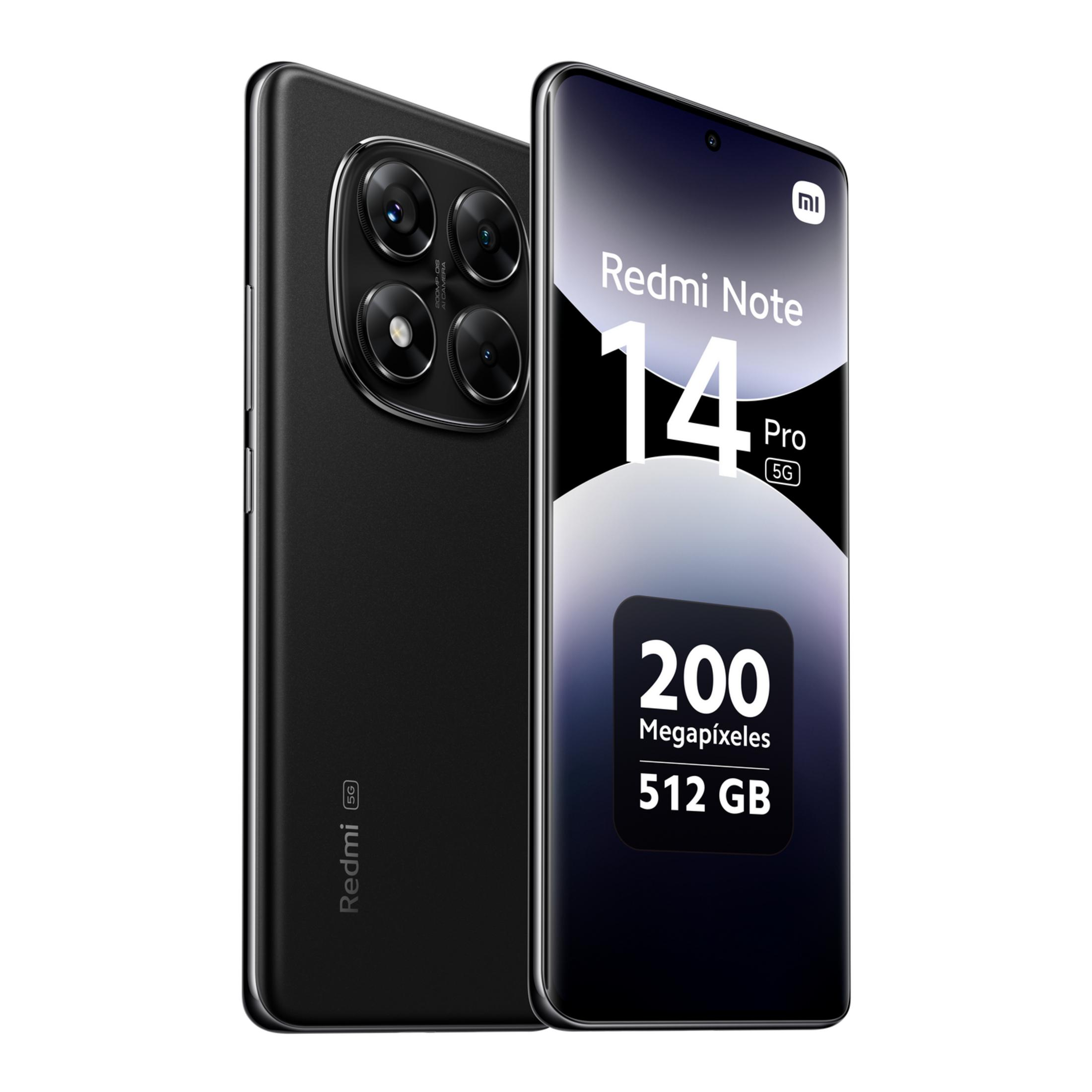 Dos smartphones Xiaomi Redmi Note 14 Pro 5G negros uno al lado del otro. Uno muestra el conjunto de cámaras, el otro la pantalla.