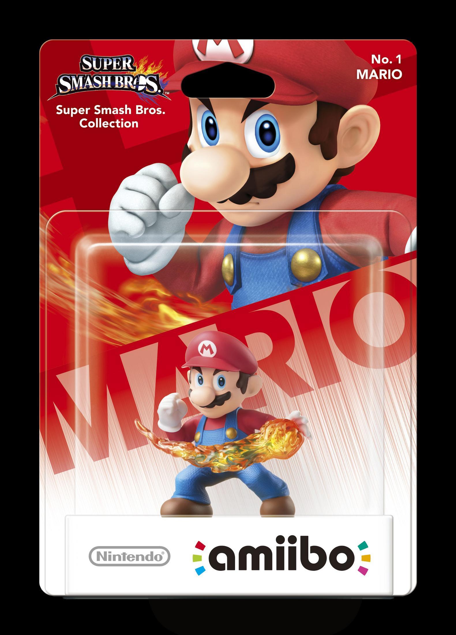 Figurine Amiibo de Mario en emballage, tenant une attaque de feu.