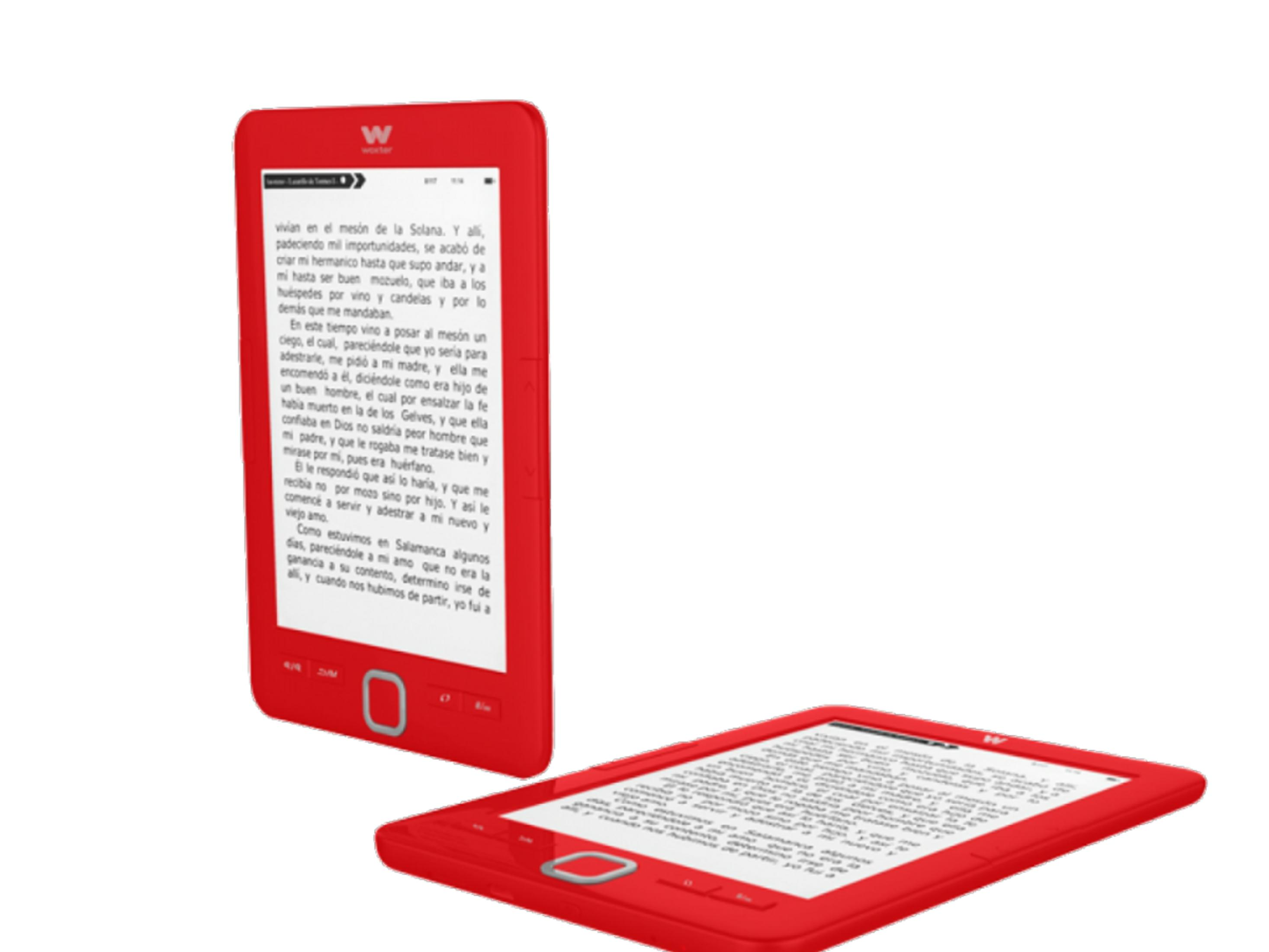Zwei rote E-Reader liegen auf weißem Hintergrund. Einer steht aufrecht, der andere liegt flach.