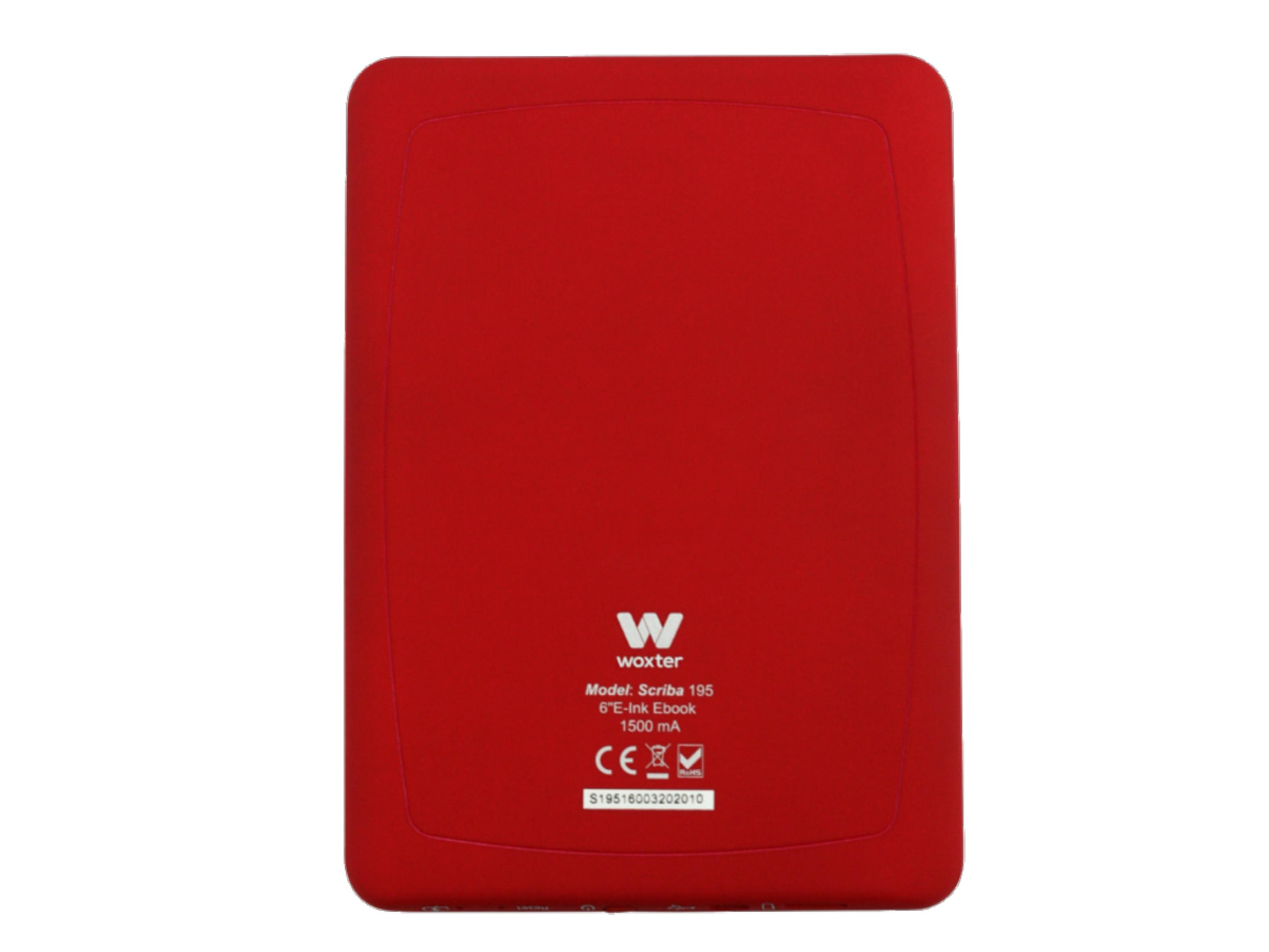 Rotes E-Book von Woxter, Modell Scriba 195, mit CE- und RoHS-Siegeln.
