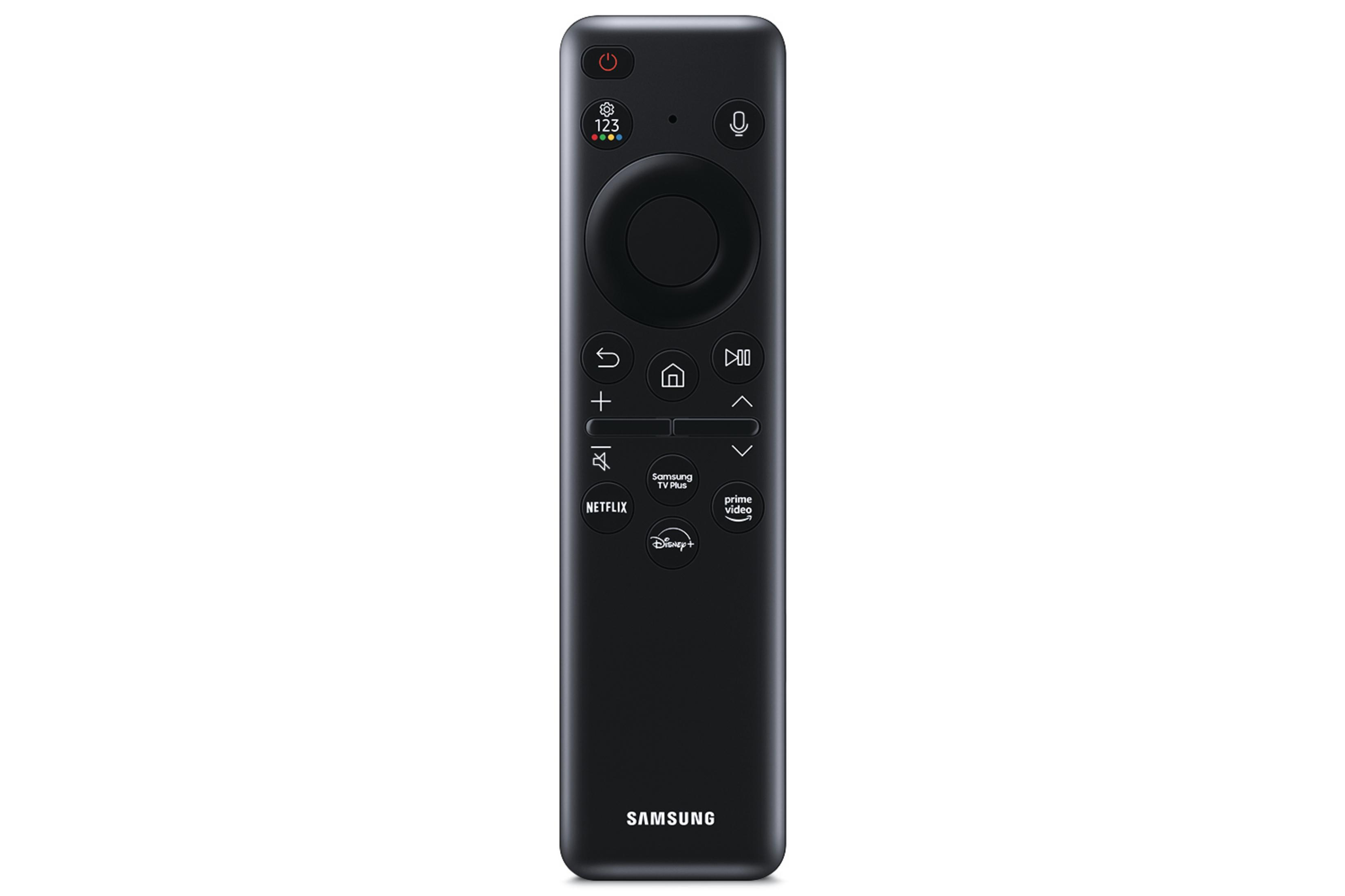 Schwarze Samsung TV-Fernbedienung mit Tasten für Leistung, Menü, Lautstärke und Apps.