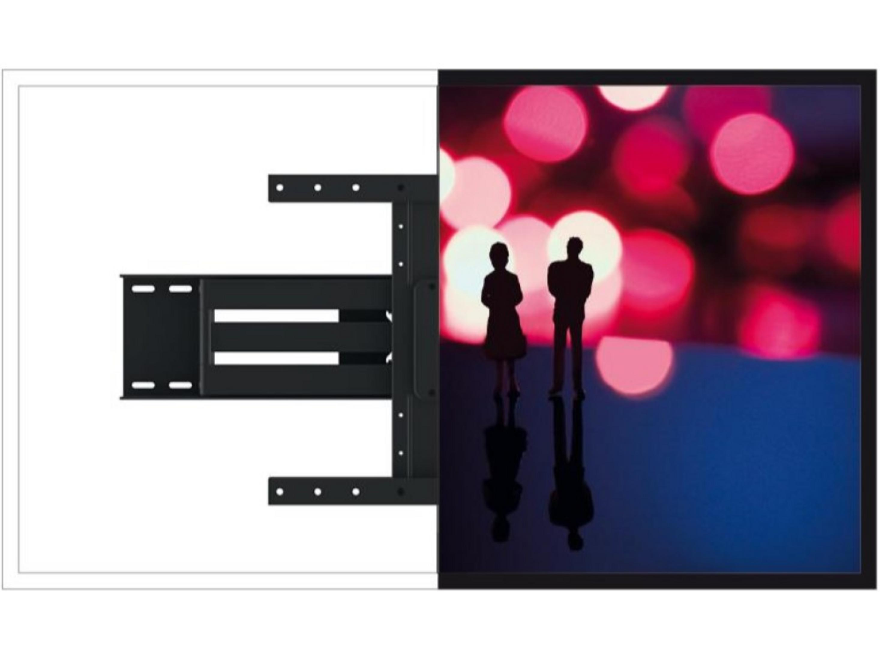 Soporte de pared para TV negro a la izquierda, dos siluetas ante luces bokeh a la derecha.