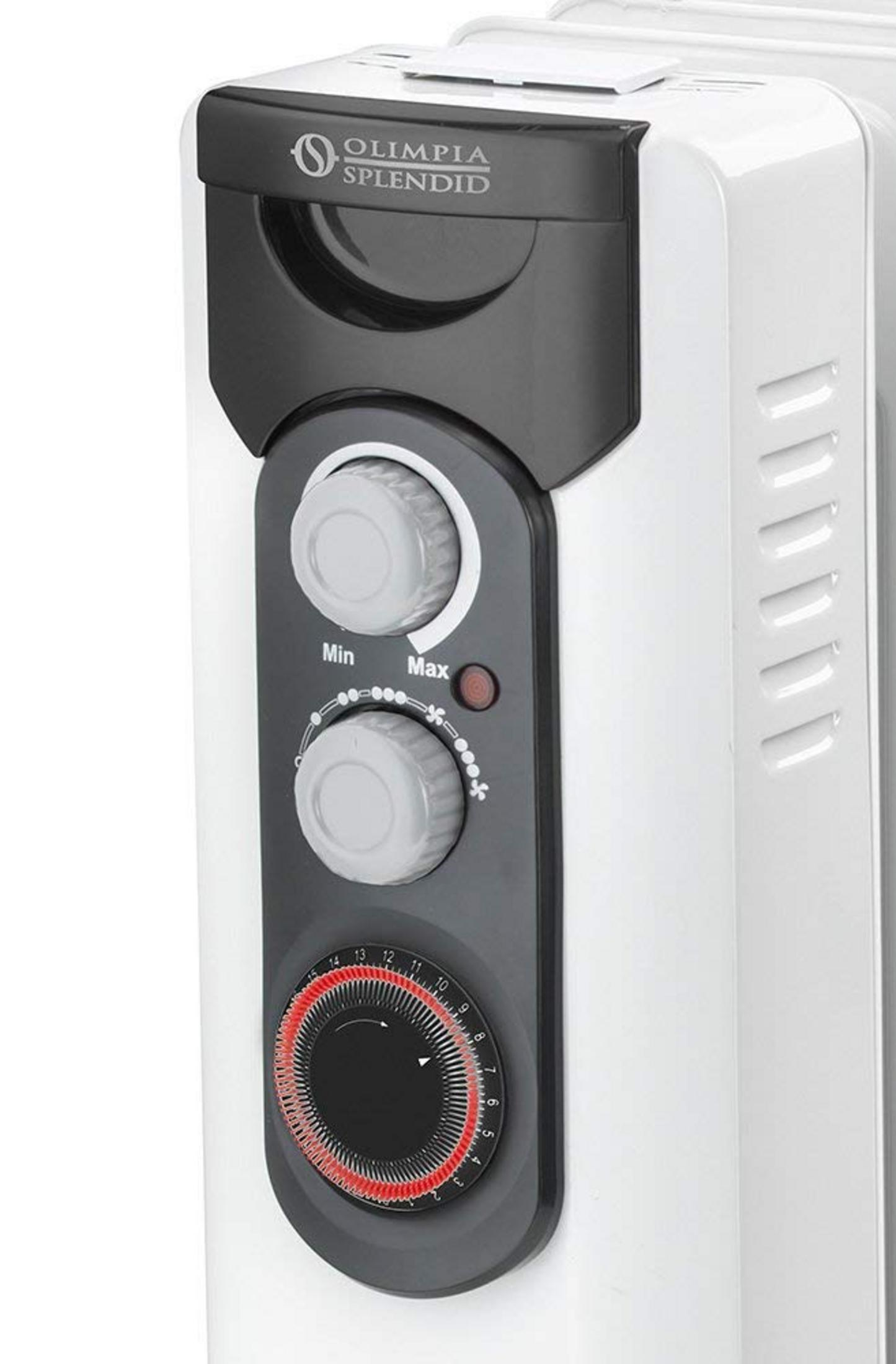 Een witte oliegevulde radiator met zwarte bedieningselementen, min/max-knoppen en een timer.