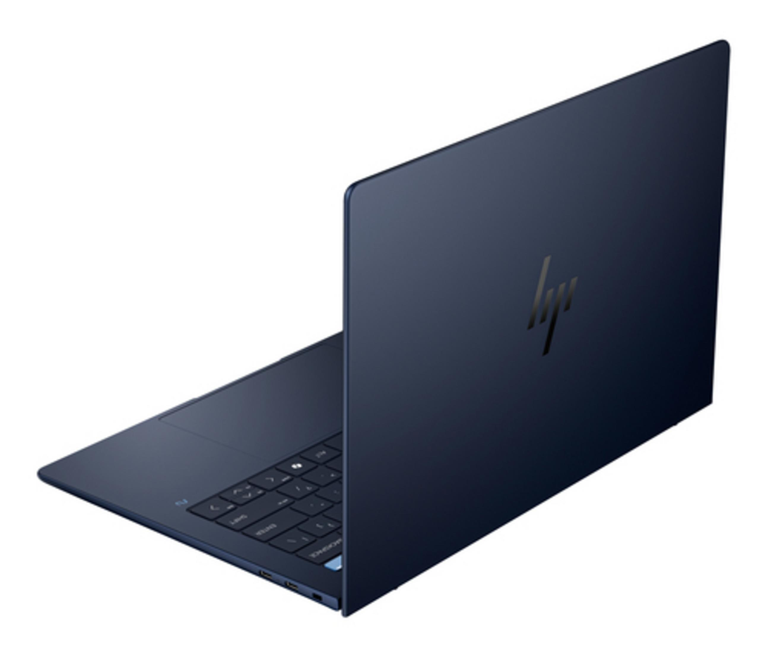 Un portátil HP azul oscuro abierto con teclado retroiluminado y logo HP.