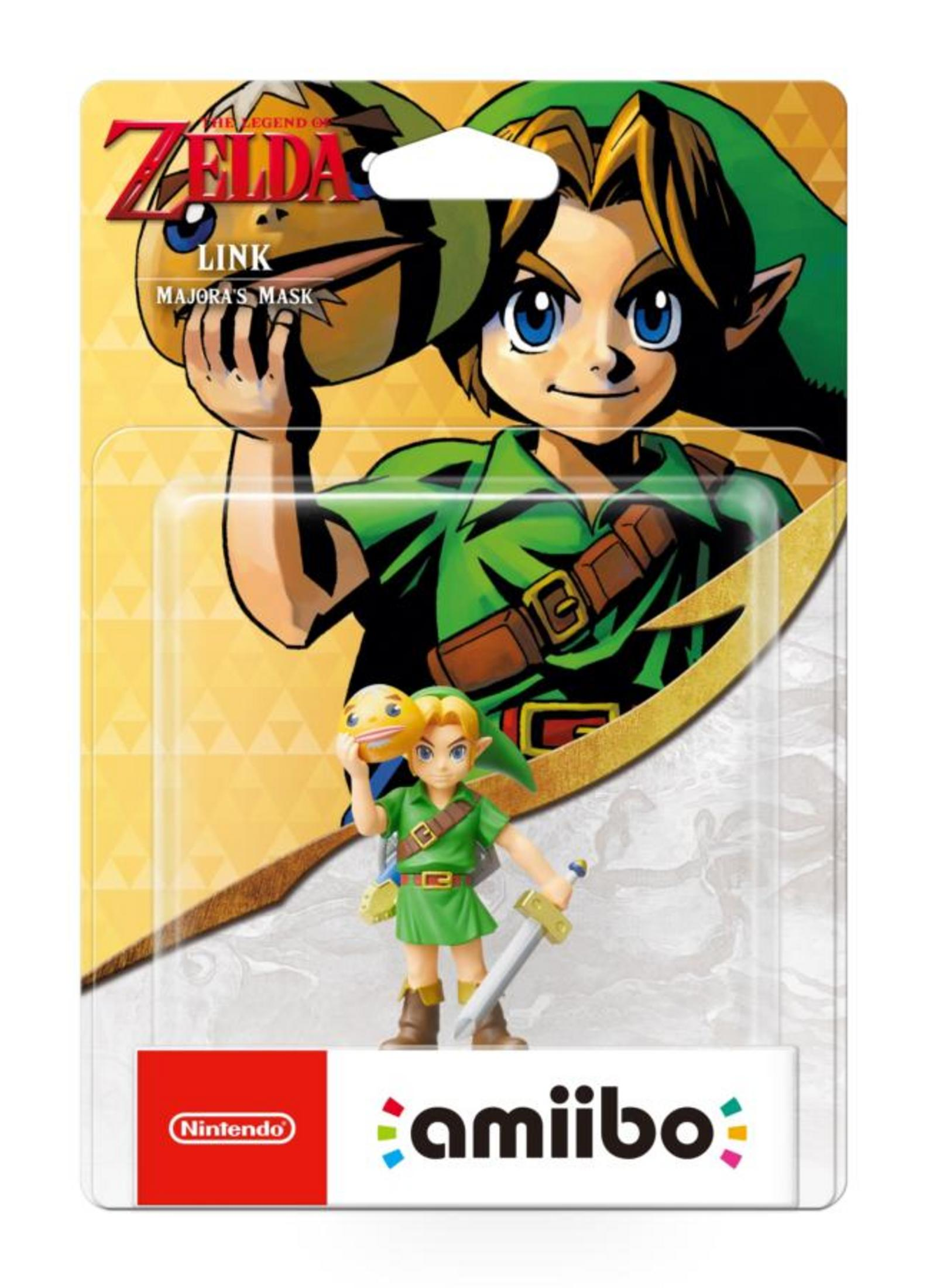 Figurine Amiibo de Link de Majora's Mask, tenant un masque jaune.
