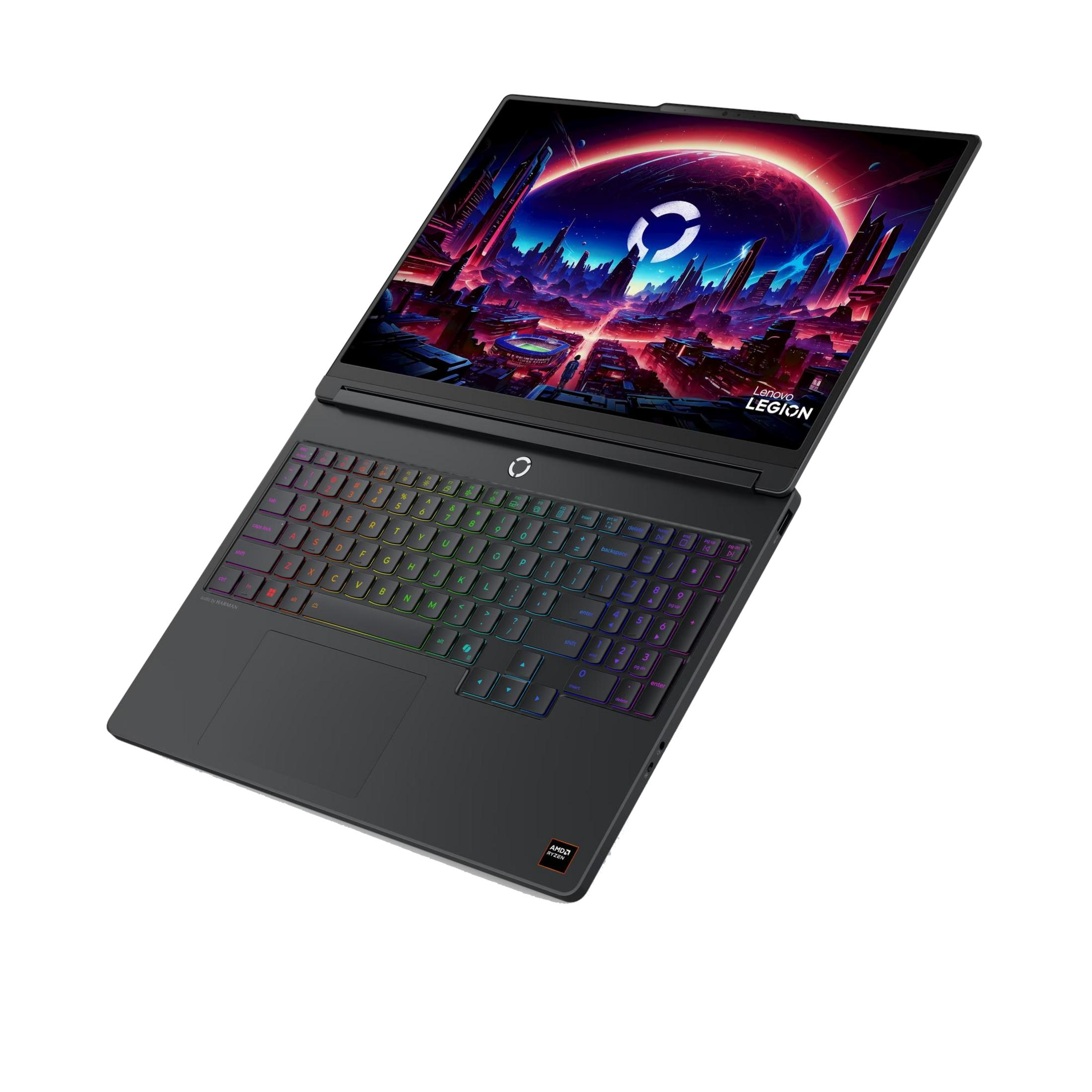 Portátil negro con teclado iluminado y fondo de pantalla futurista.