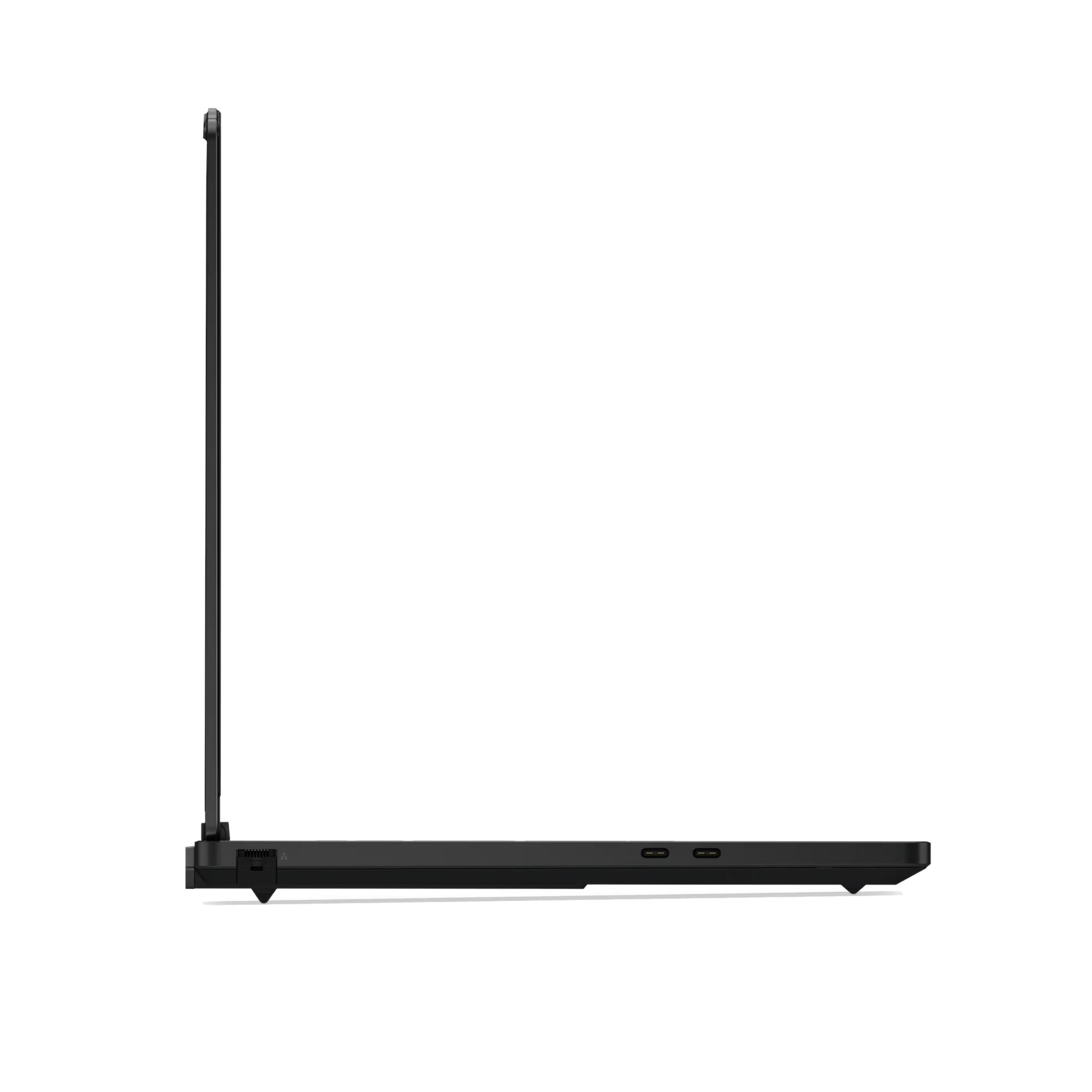 Portátil negro de perfil, pantalla y teclado abiertos, fondo blanco.