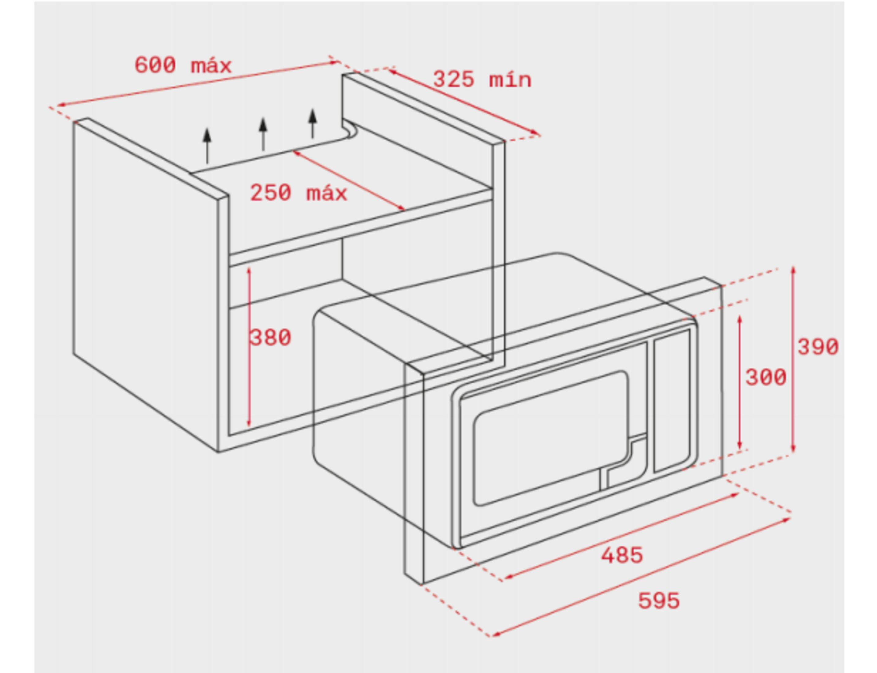 Dibujo técnico de un horno microondas con dimensiones.