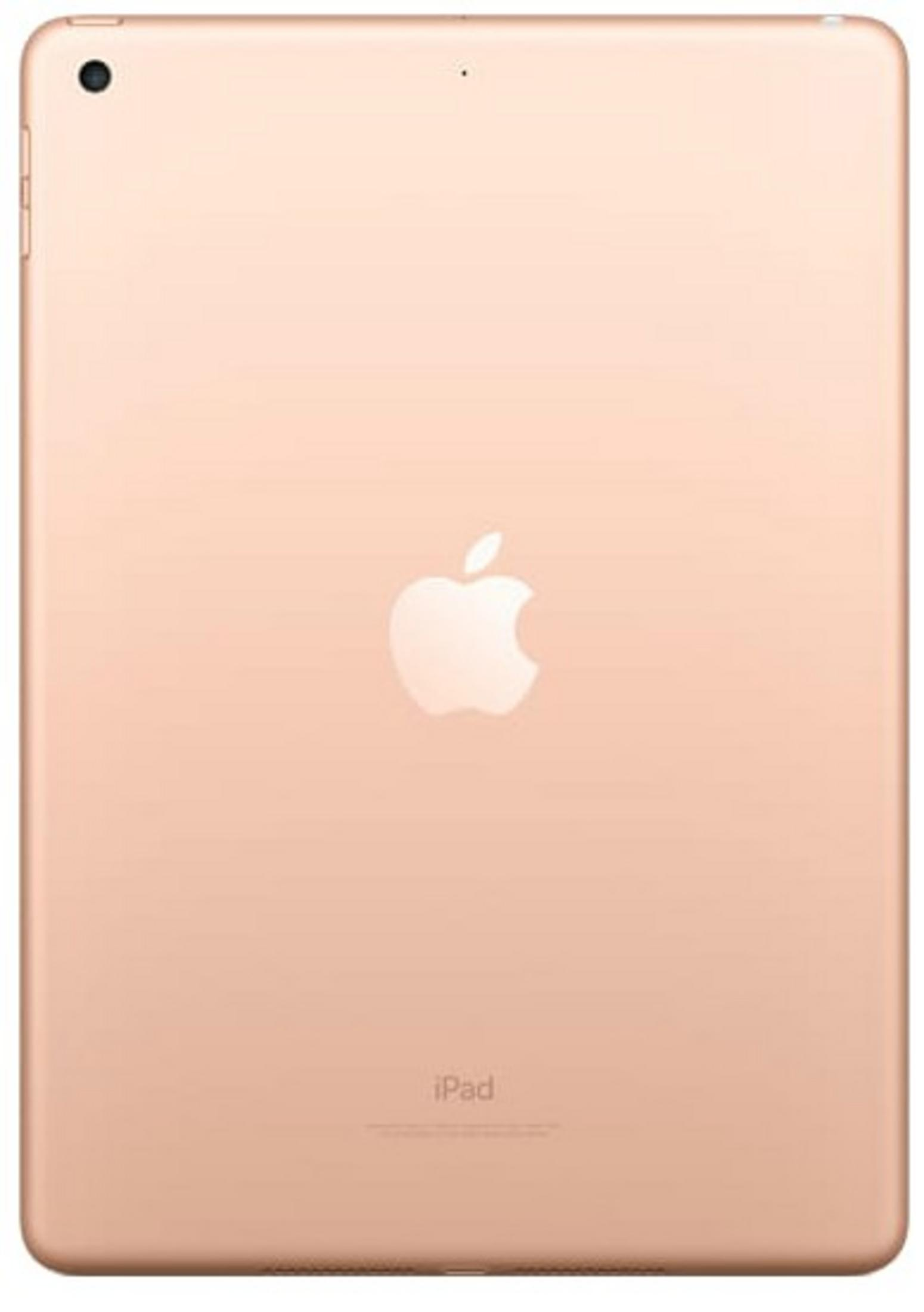 Achterkant van een roségouden iPad met Apple-logo en 'iPad'-tekst.