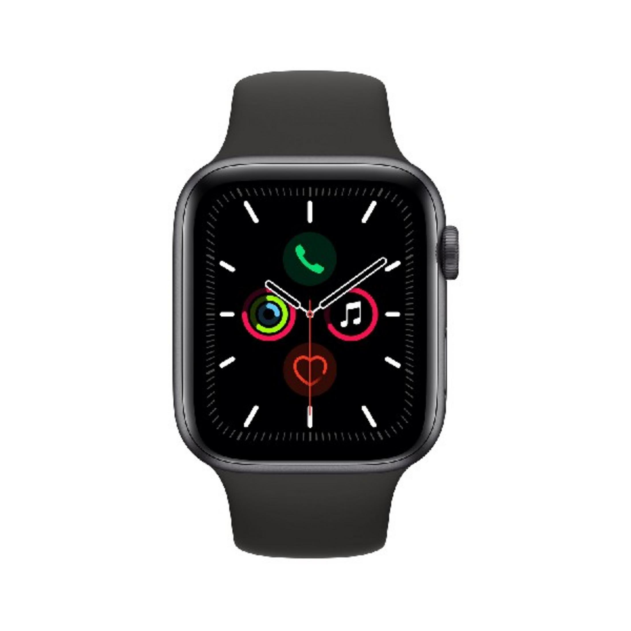 Un reloj inteligente oscuro con esfera negra que muestra iconos de llamadas, actividad y música.