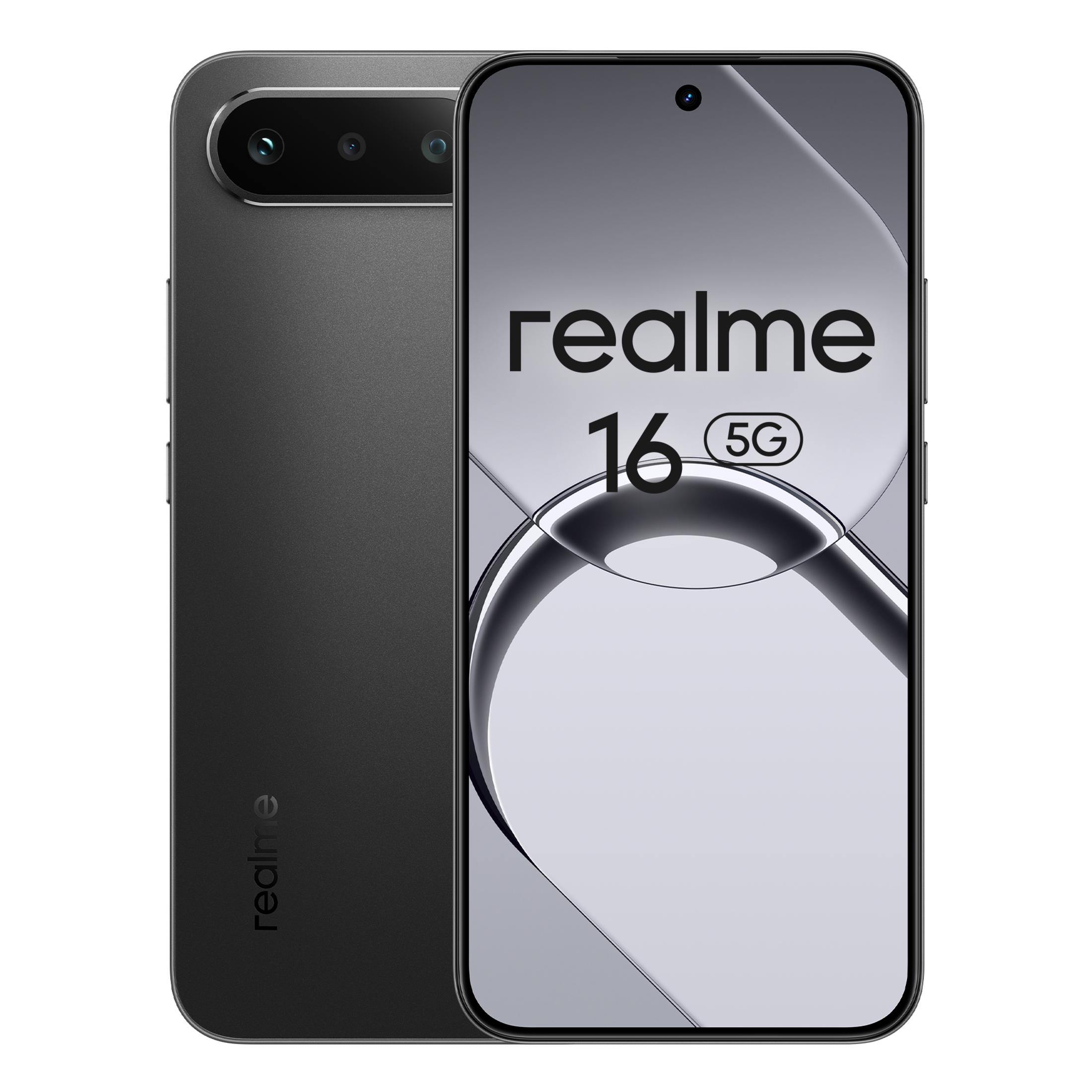 Uno smartphone Realme 16 5G nero, mostrato fronte e retro. Fotocamera sul retro.